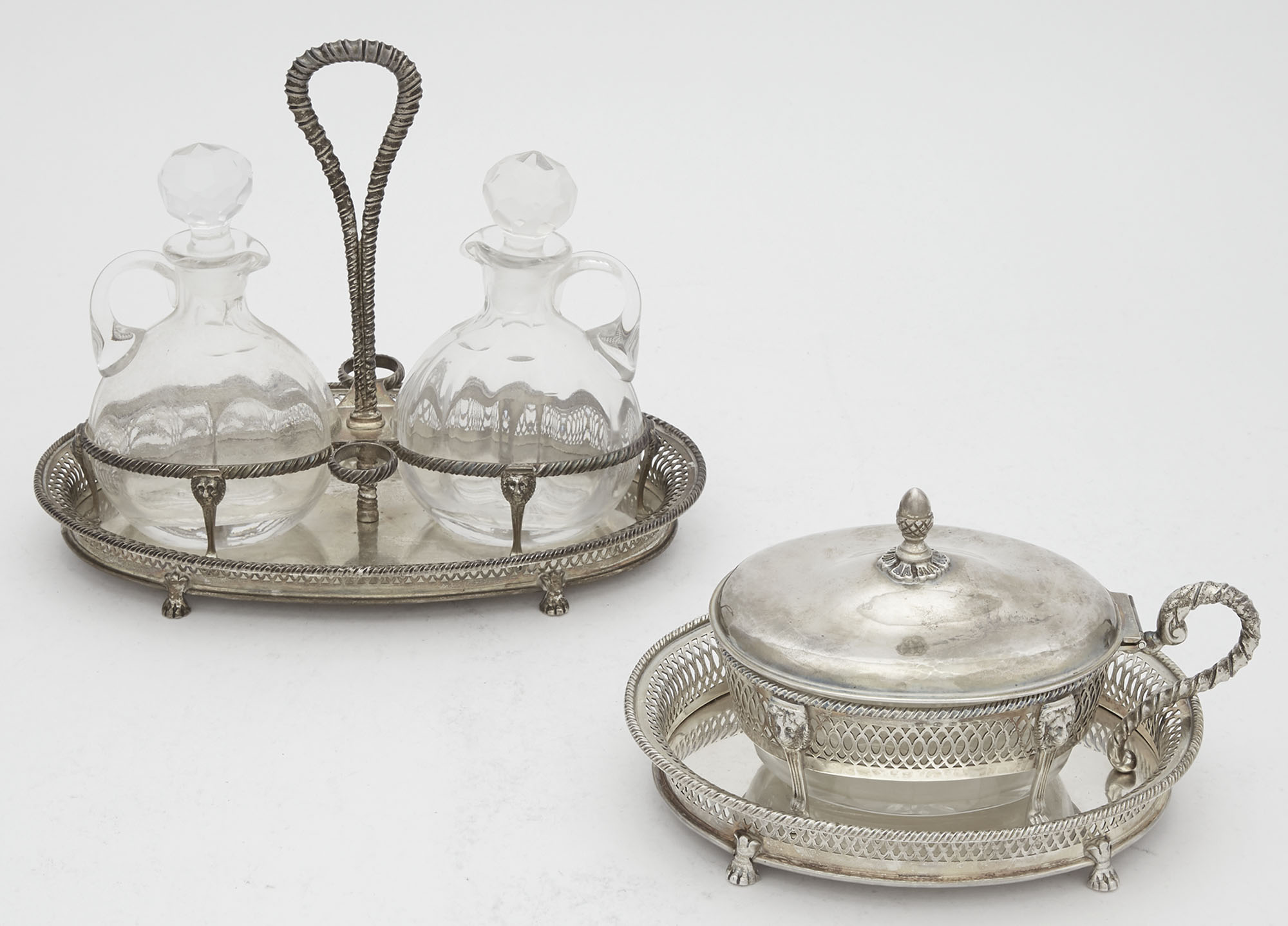 Lot image - Buccellati Sterling Silver and Glass Footed Butter Dish and Matching Cruet Set