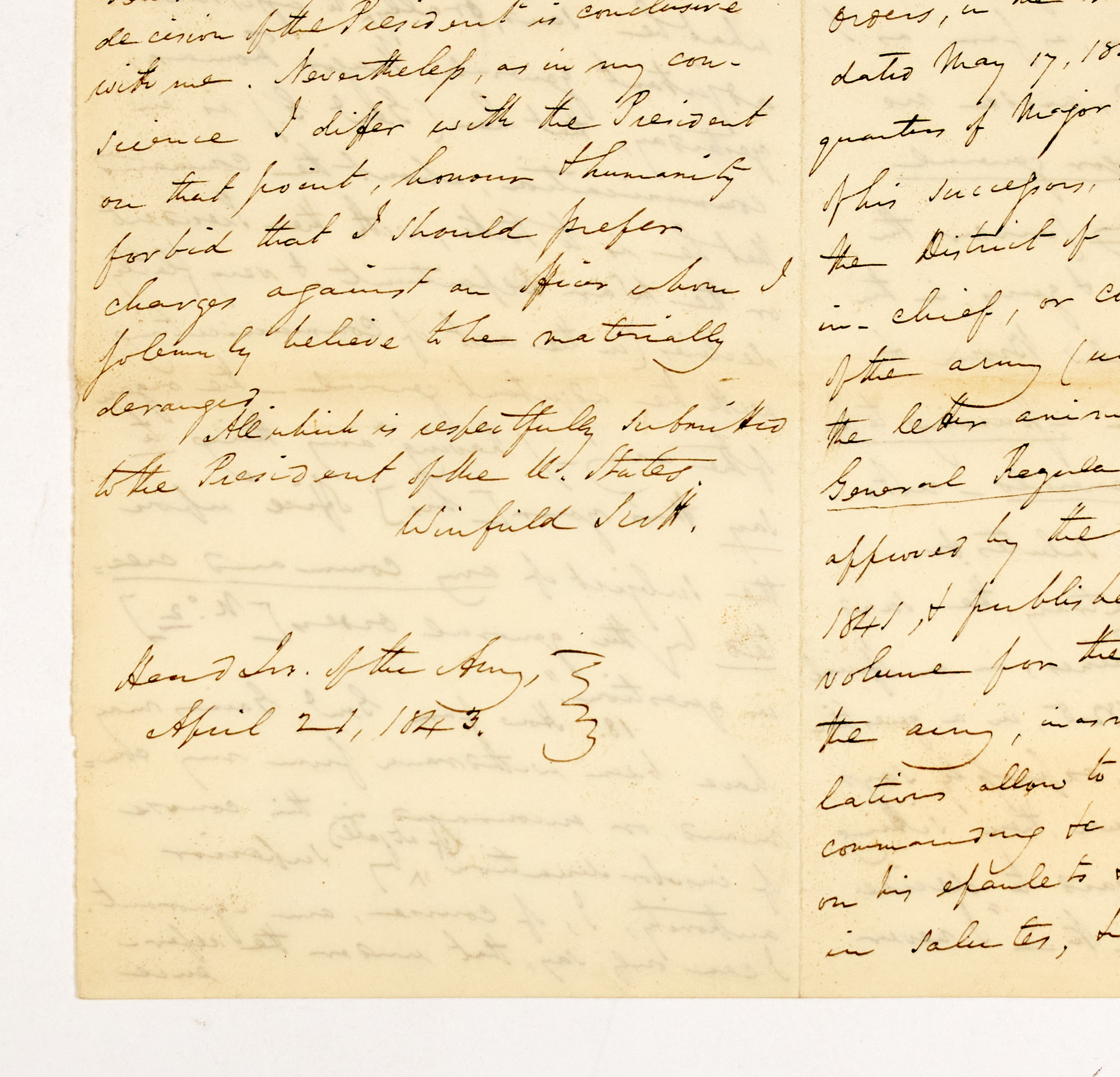 Lot image - [MEXICAN WAR]  SCOTT, WINFIELD, General. Letter outlining his criticisms against General Edmund Pendleton Gaines at the outset of the Mexican War.