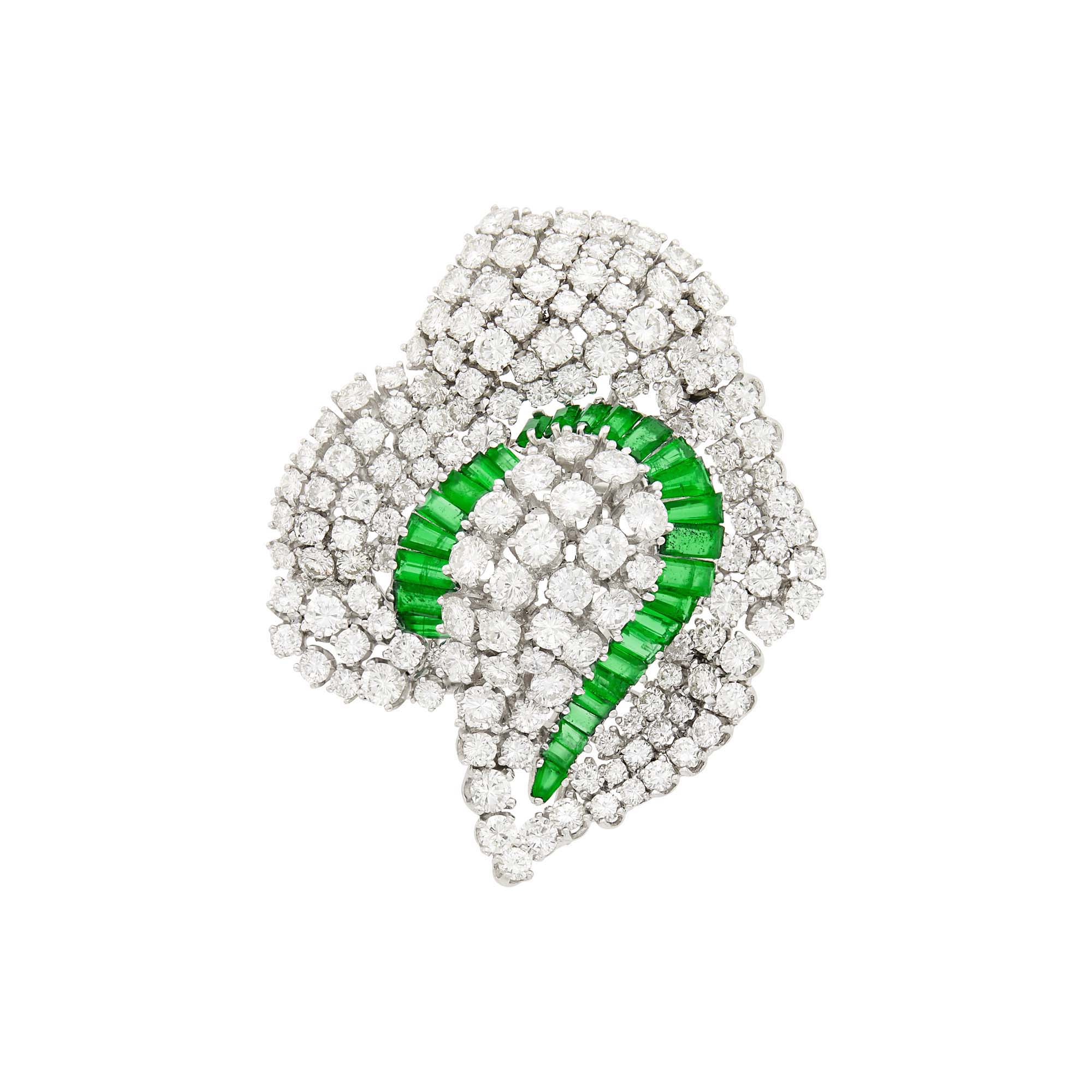 Lot image - Platinum, Diamond and Synthetic Emerald Brooch