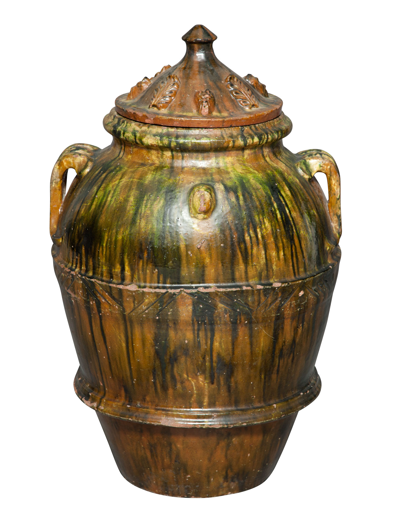 Lot image - Green- and Brown-Glazed Terracotta Covered Urn