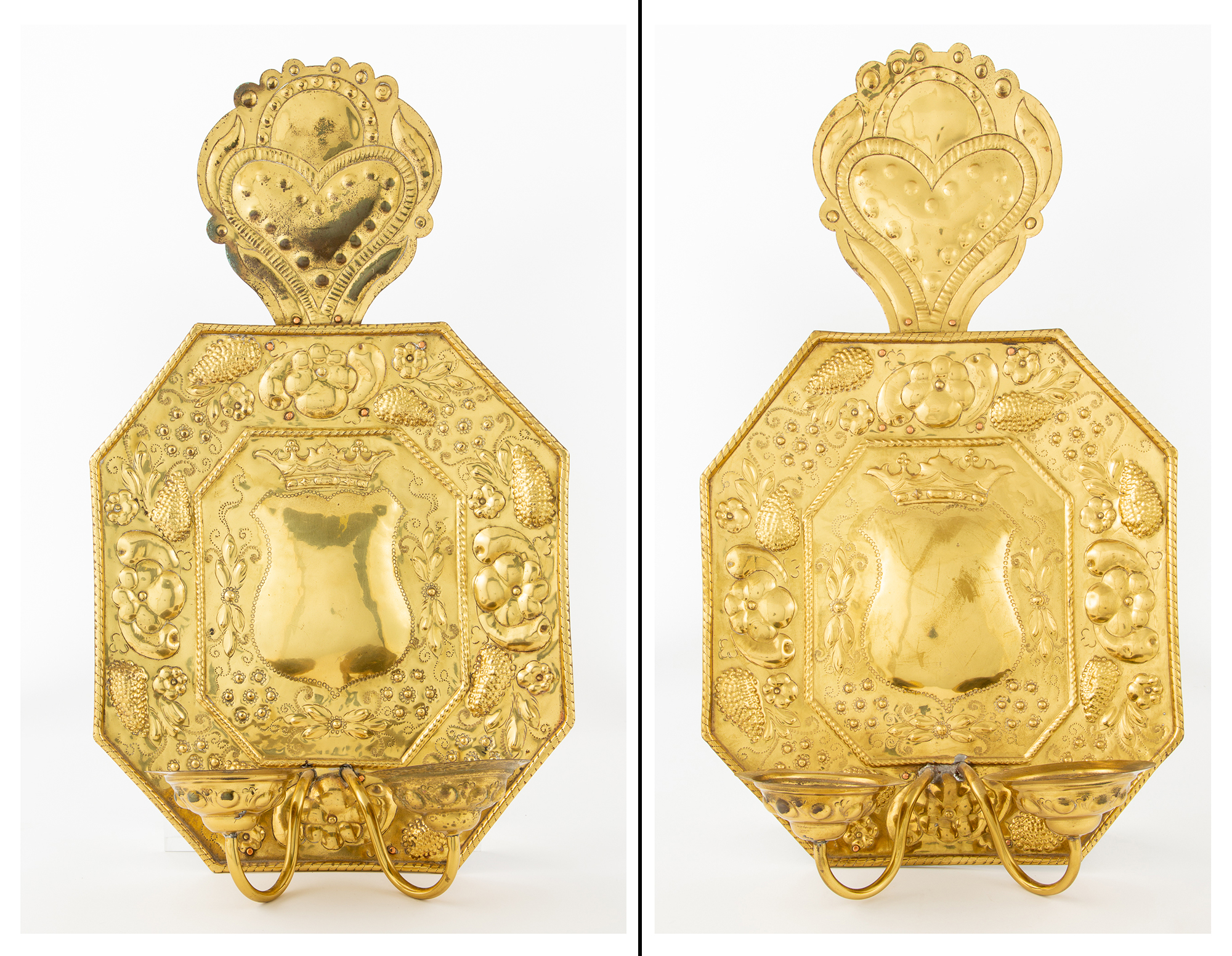 Lot image - Pair of Dutch Brass Two-Light Sconces