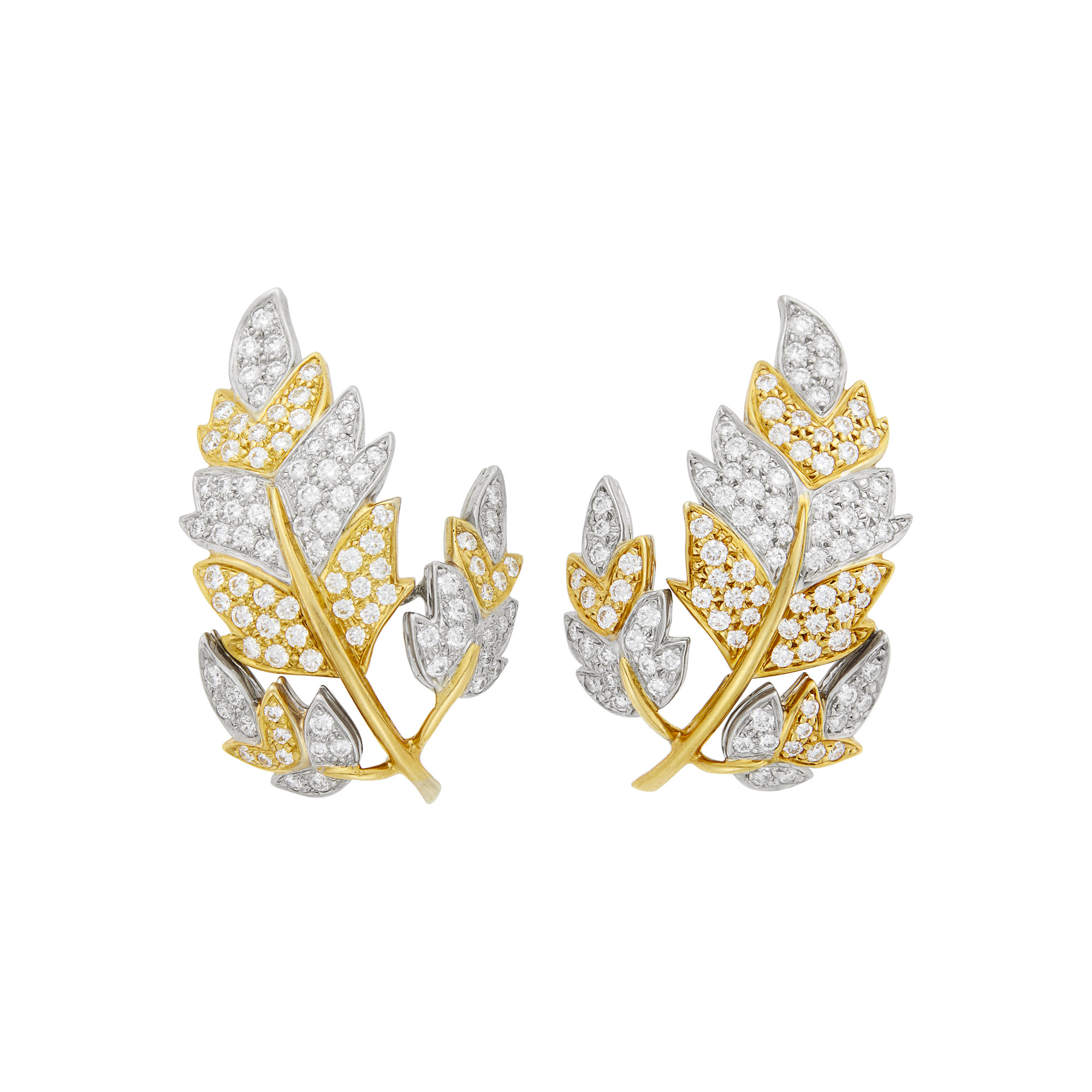 Lot image - Tiffany & Co., Schlumberger Pair of Gold, Platinum and Diamond Leaves Earclips