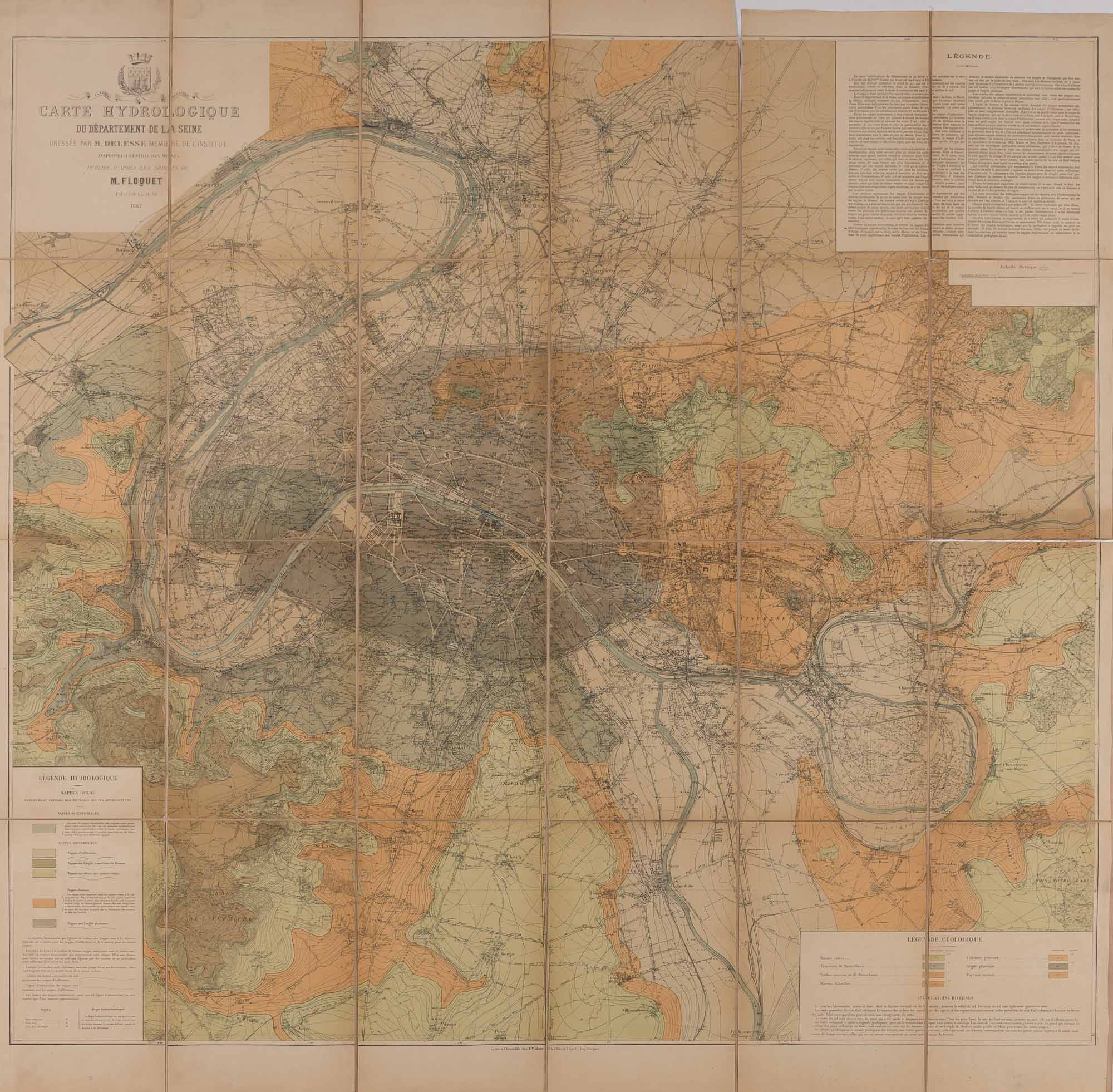 Lot image - [MARCOU, JULES]  FLOQUET, M. Carte Hydrologique du Département de la Seine. Dressée par M. Delesse ... Inspecteur General des Mines. Publiée daprès les ordres de M. Floquet Préfet de la Seine 1882.