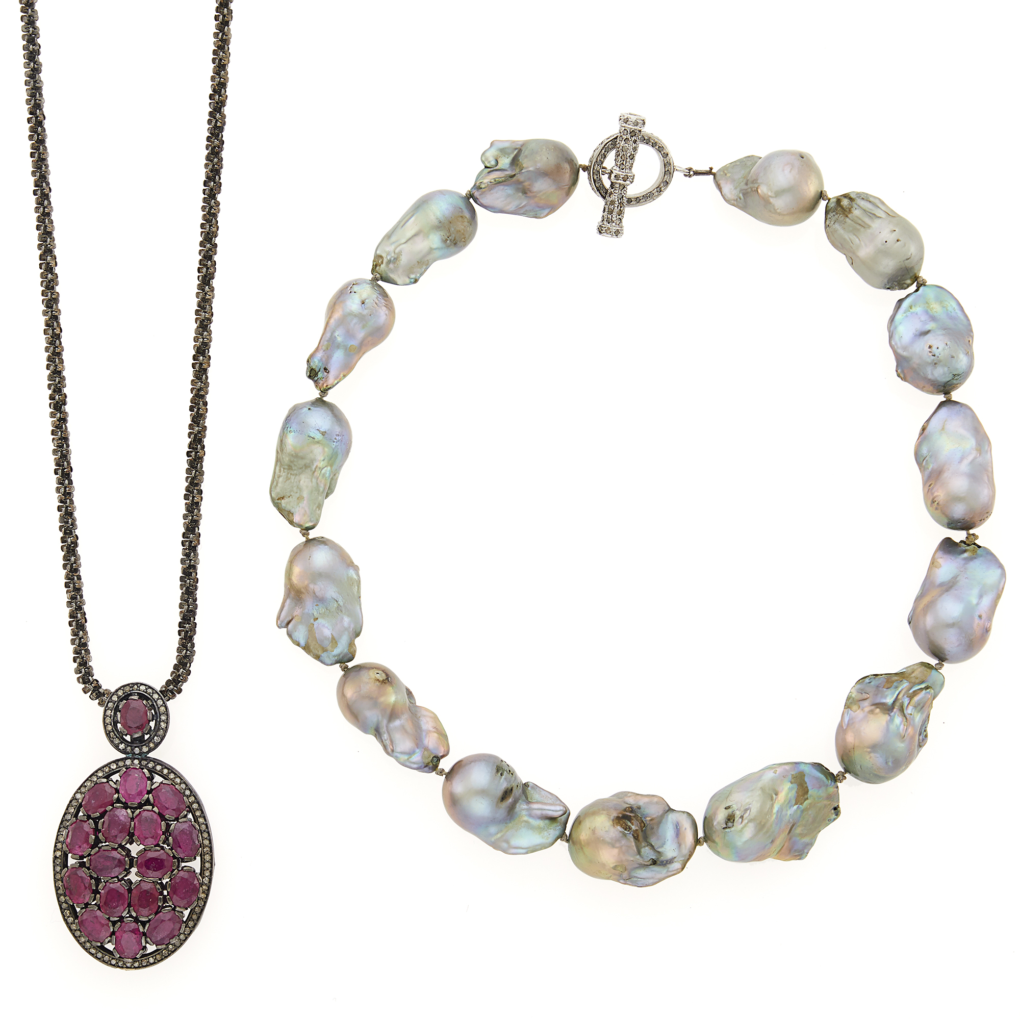 Lot image - Baroque Gray Cultured Pearl Necklace with Silver and Diamond Clasp and Blackened Silver, Ruby and Diamond Pendant-Necklace