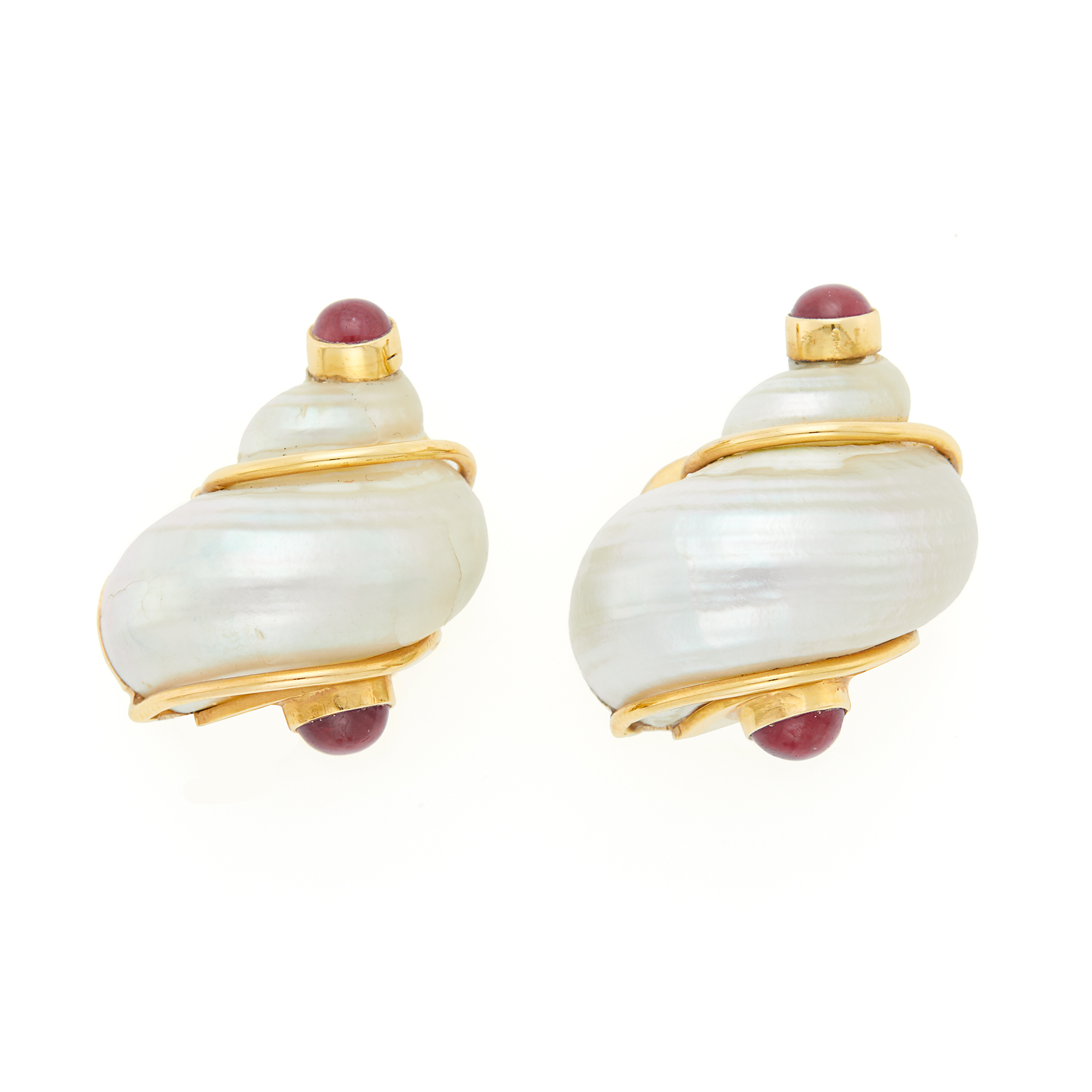 Lot image - Seaman Schepps Pair of Gold, Shell, Cabochon Ruby Turbo Shell Earclips