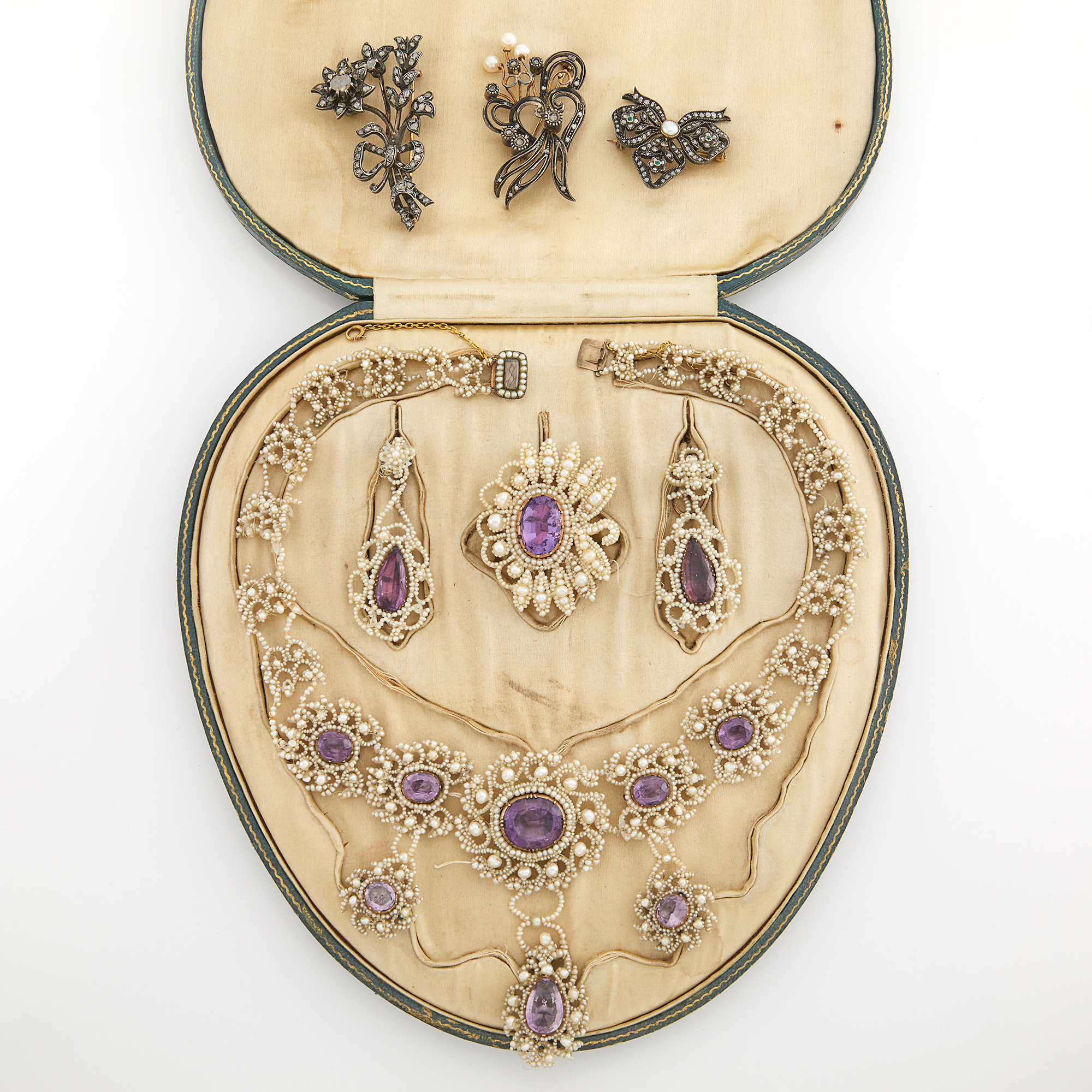 Lot image - Antique Seed Pearl and Paste Demi-Parure and Three Silver, Pearl and Diamond Pins