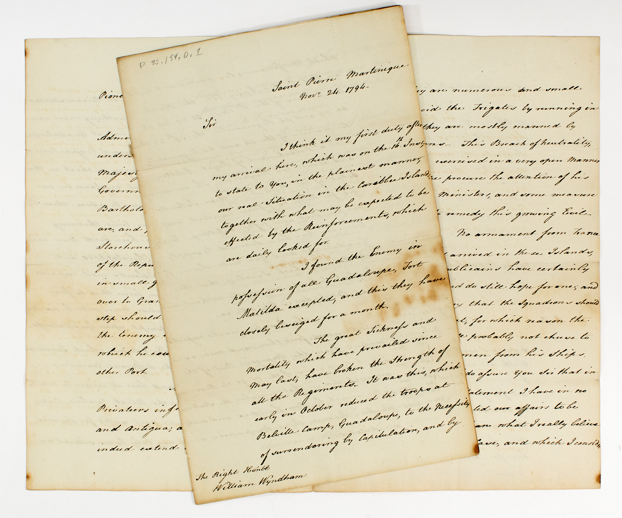 Lot image - [LEEWARD ISLANDS]  VAUGHAN, JOHN, Sir. Long manuscript letter signed to William Wyndham, Baron Grenville, providing a detailed report on the military situation in the Leeward Islands.