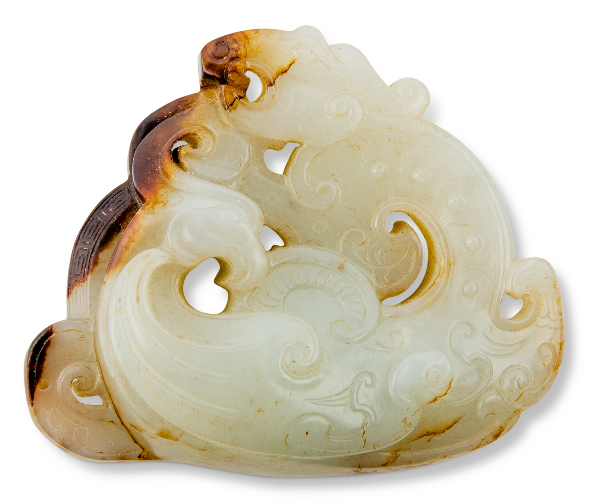 Lot image - A Chinese White and Russet Jade Dragon and Phoenix Carving