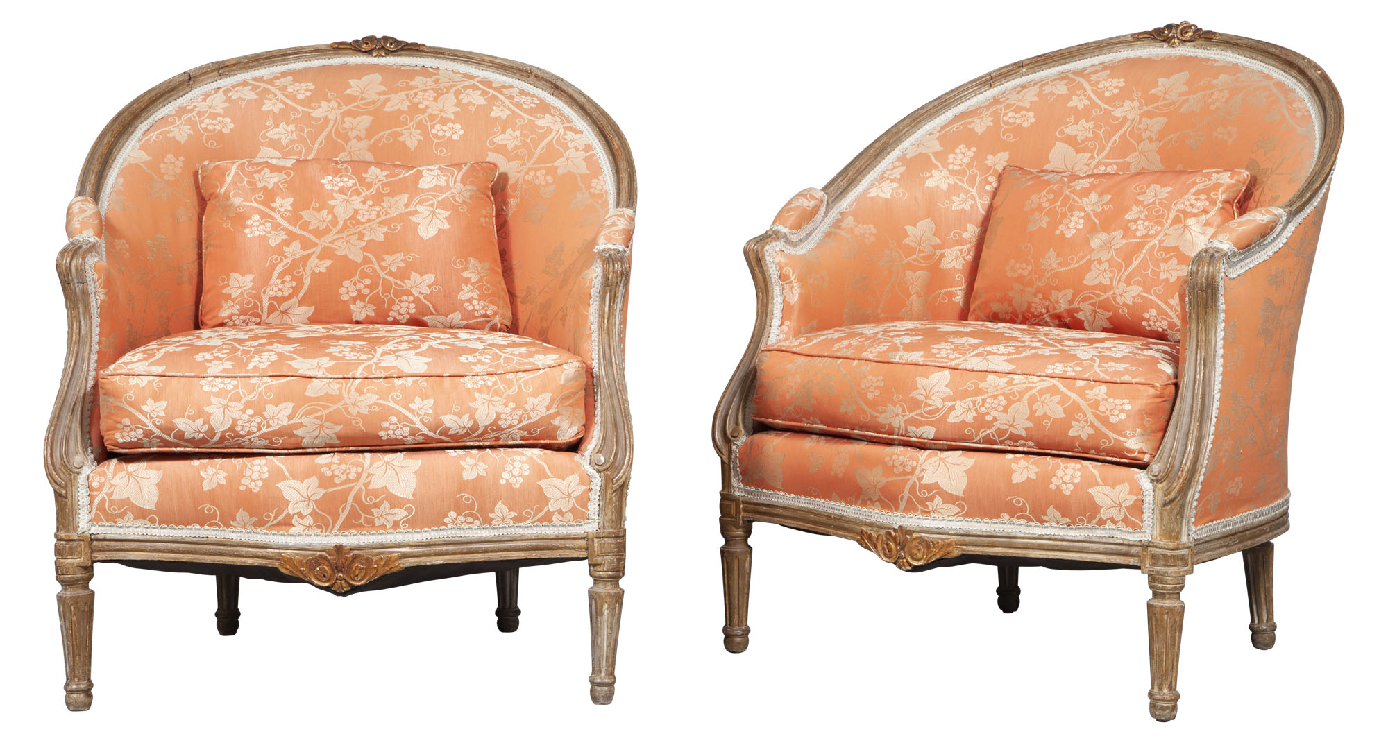 Lot image - Pair of Louis XVI Style Painted and Parcel-Gilt Tub Chairs