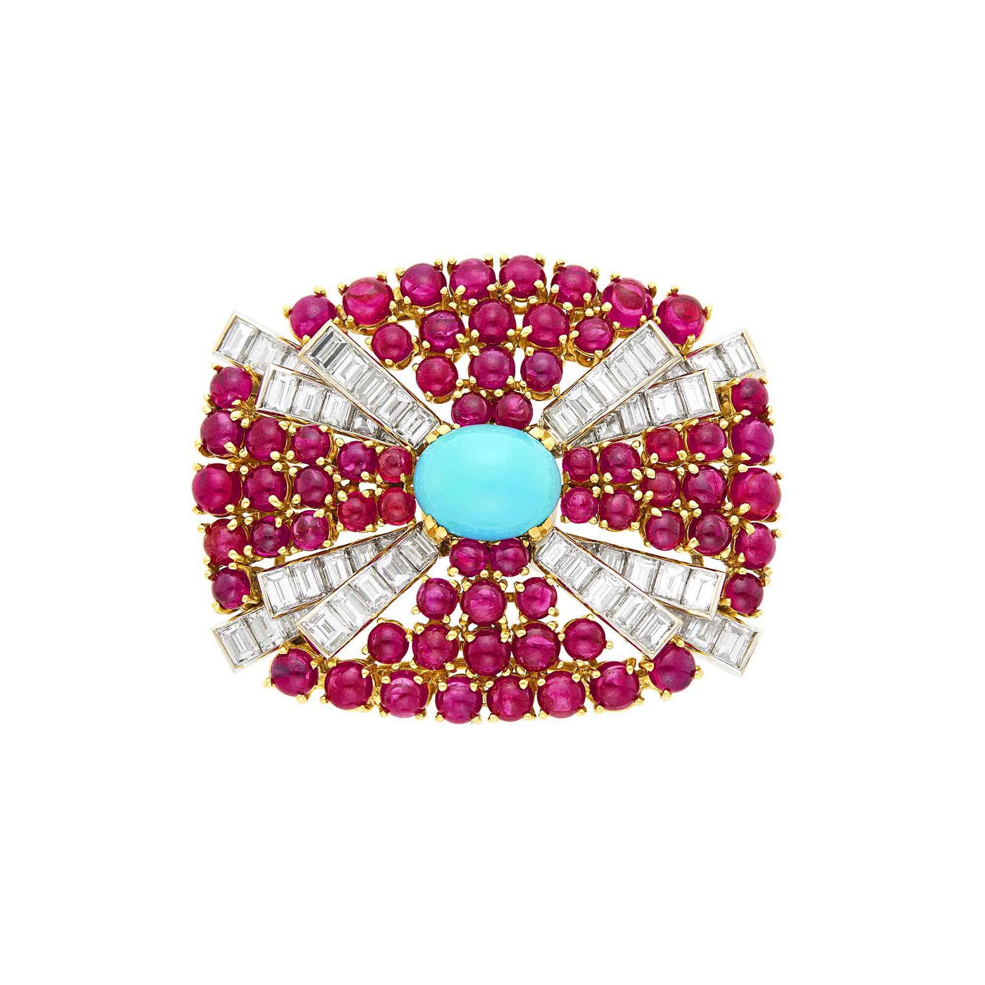 Lot image - Two-Color Gold, Turquoise, Cabochon Ruby, and Diamond Brooch