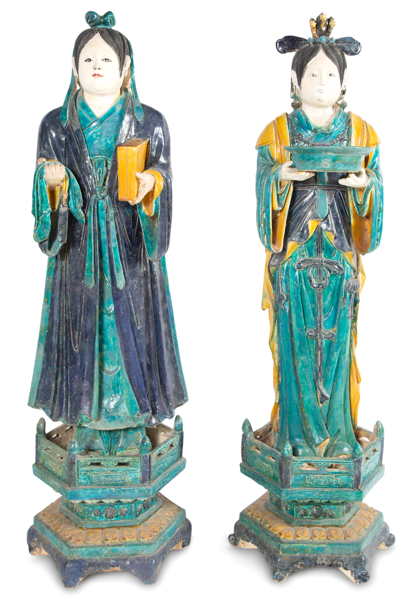 Lot image - A Large Pair of Chinese Fahua-Glazed Pottery Attendant Figures
