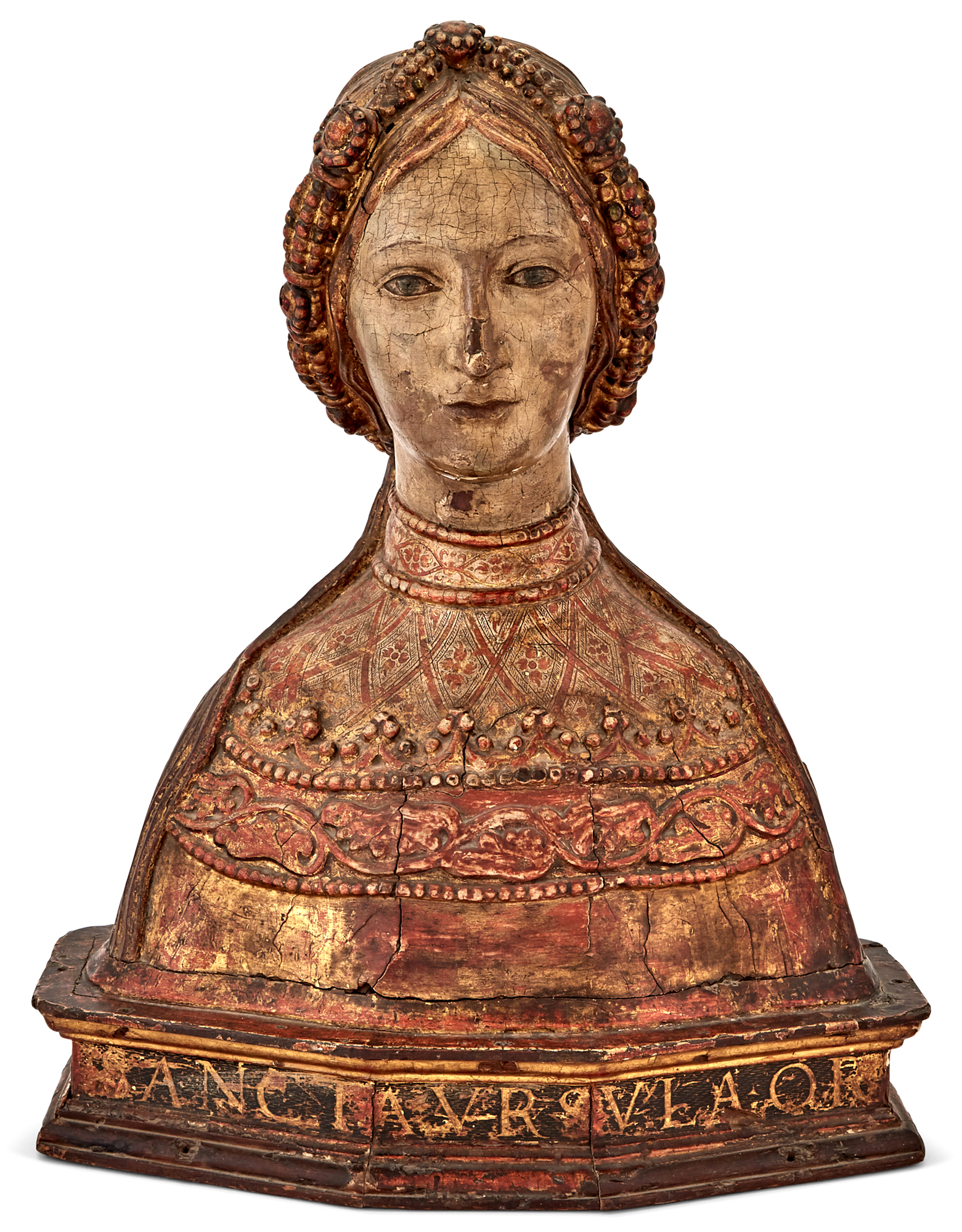 Lot image - Continental Polychrome and Parcel-Gilt Bust of a Maiden