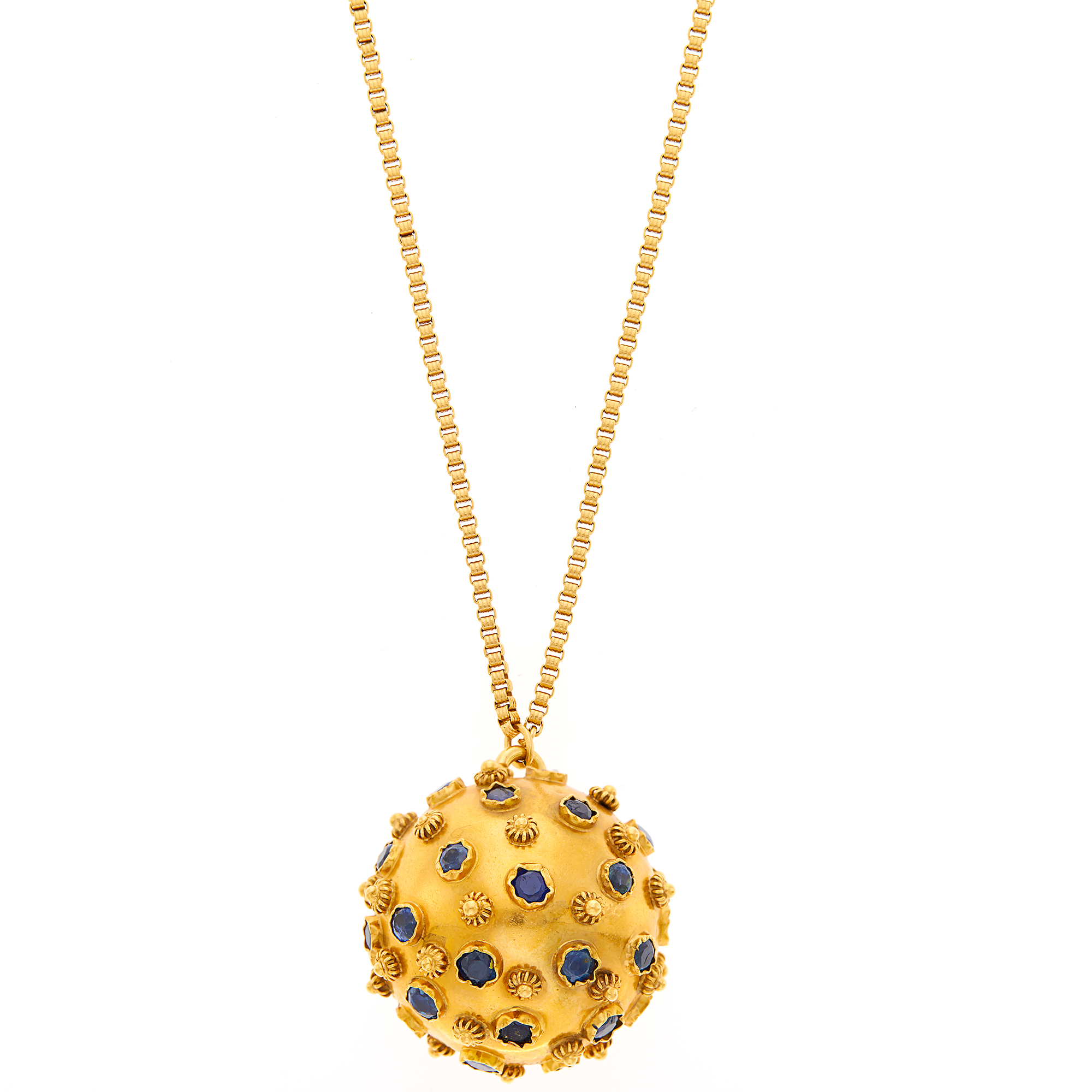 Lot image - Gold and Sapphire Pendant with Long Chain Necklace