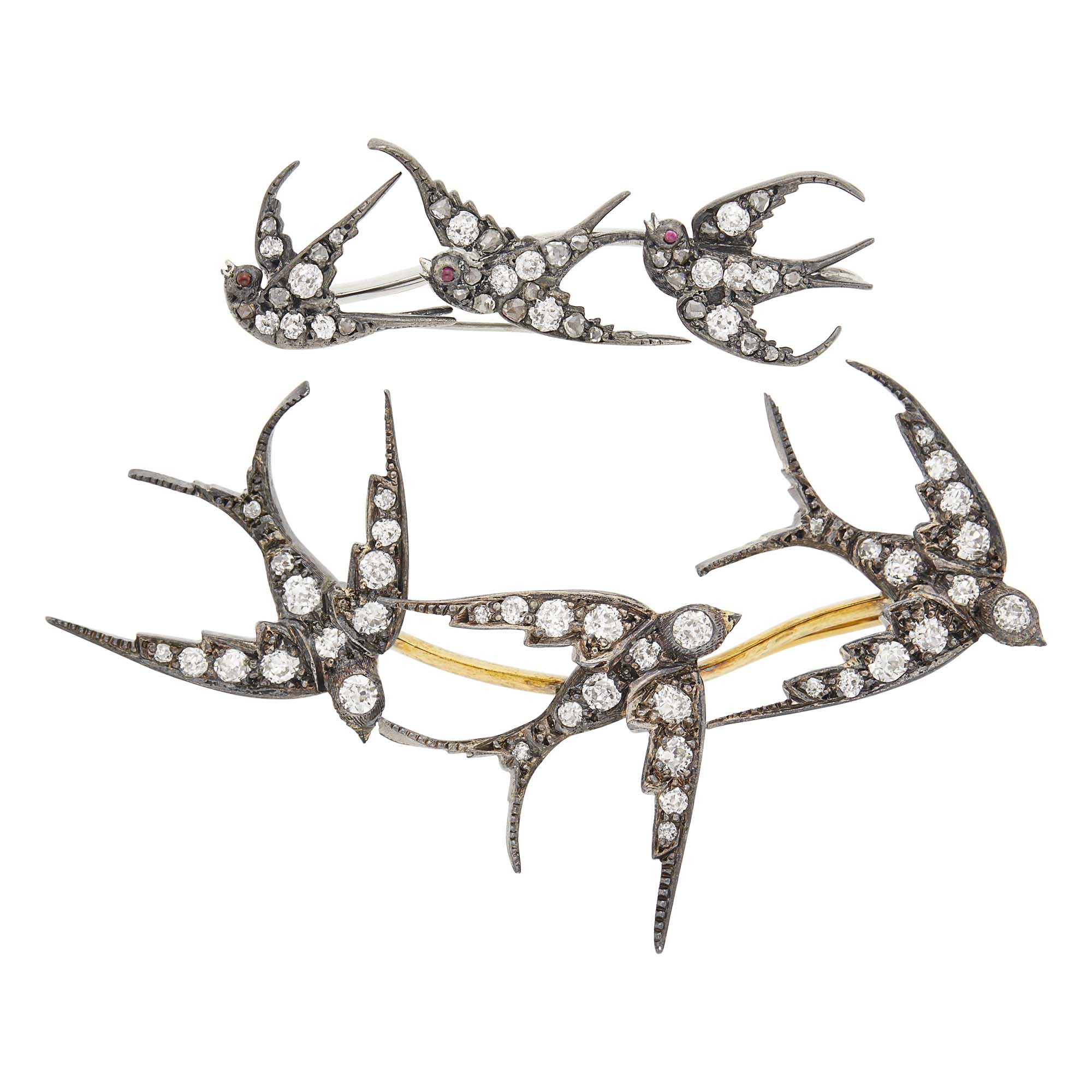 Lot image - Antique Silver, Gold and Diamond Swallow Brooch and Pendant-Brooch