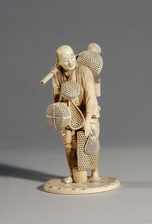 Lot image - Japanese Ivory Okimono of a Basket Vendor