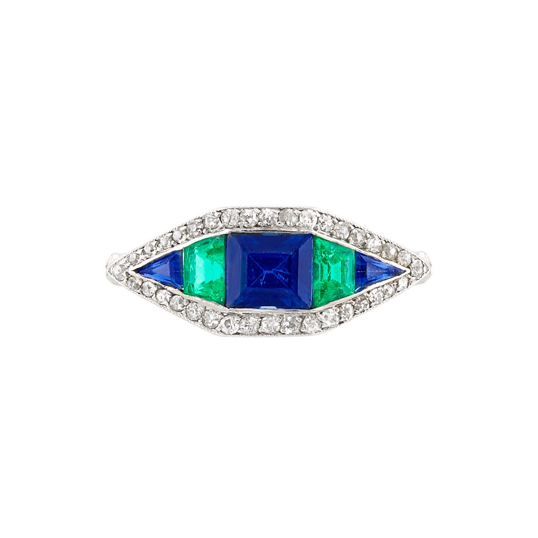 Lot image - Art Deco Platinum, Emerald, Sapphire and Diamond Ring