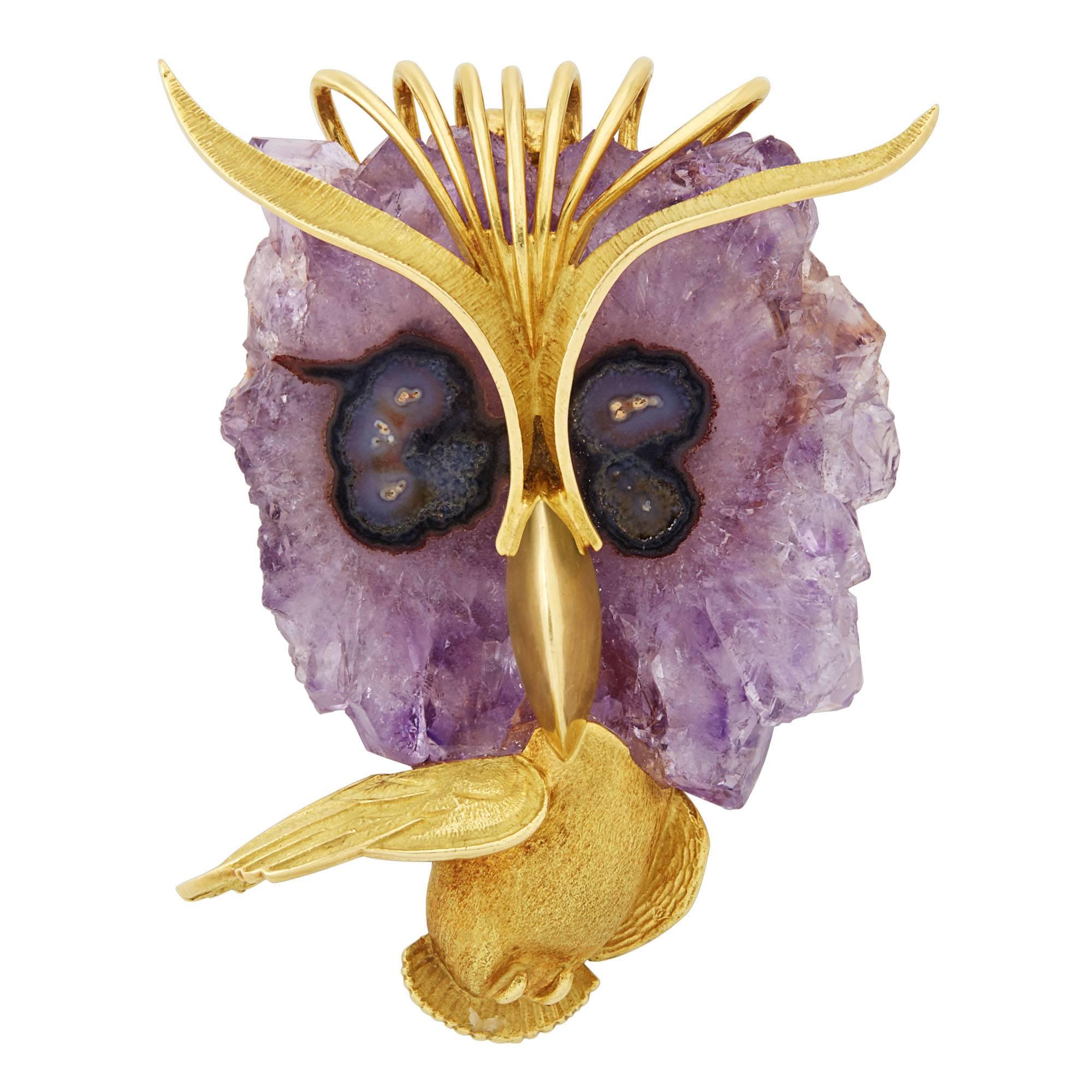 Lot image - Gold and Amethyst Owl Brooch-Pendant, French