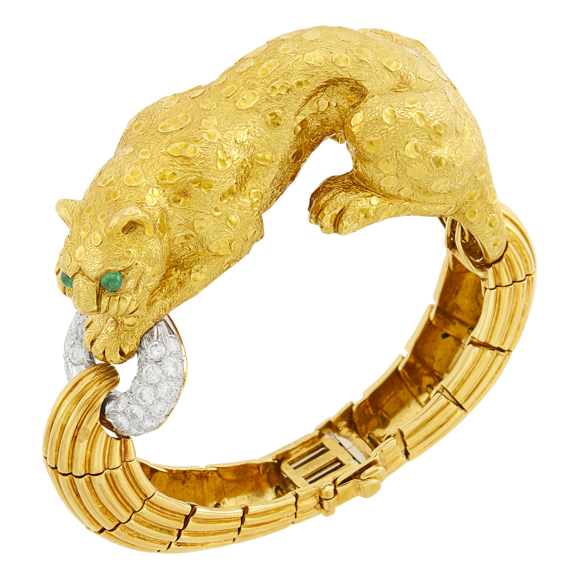 Lot image - David Webb Gold, Platinum, Diamond and Cabochon Emerald Panther Bracelet