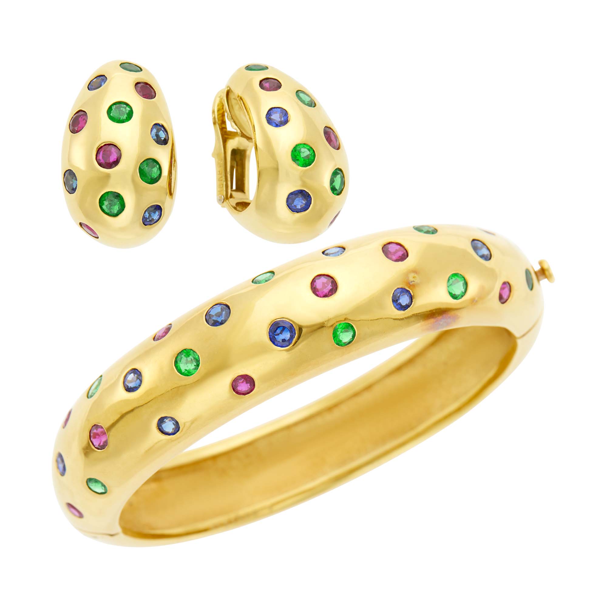 Lot image - Van Cleef & Arpels Gold and Gem-Set Bangle Bracelet and Pair of Bombé Half-Hoop Earrings