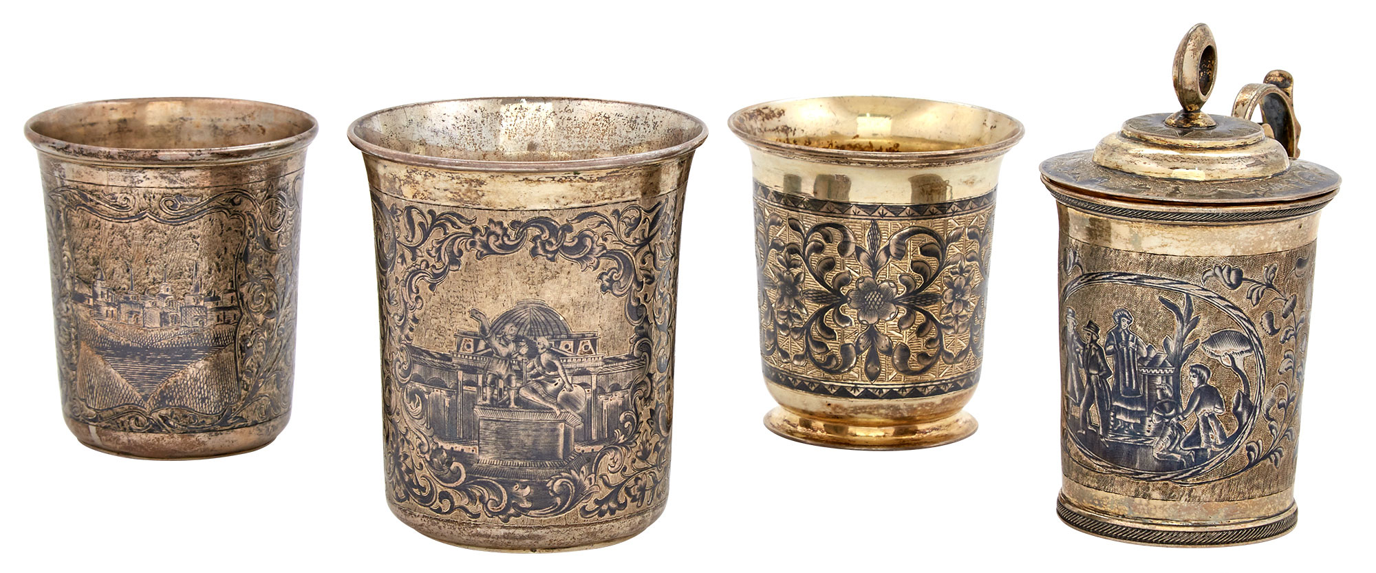 Lot image - Russian Silver-Gilt and Niello Covered Cup and Three Beakers