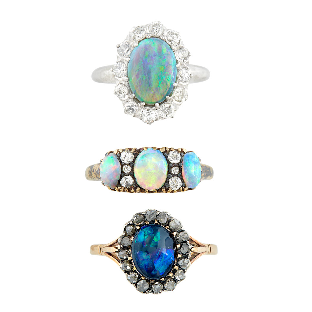 Lot image - Three Tricolor Gold, Opal and Diamond Rings