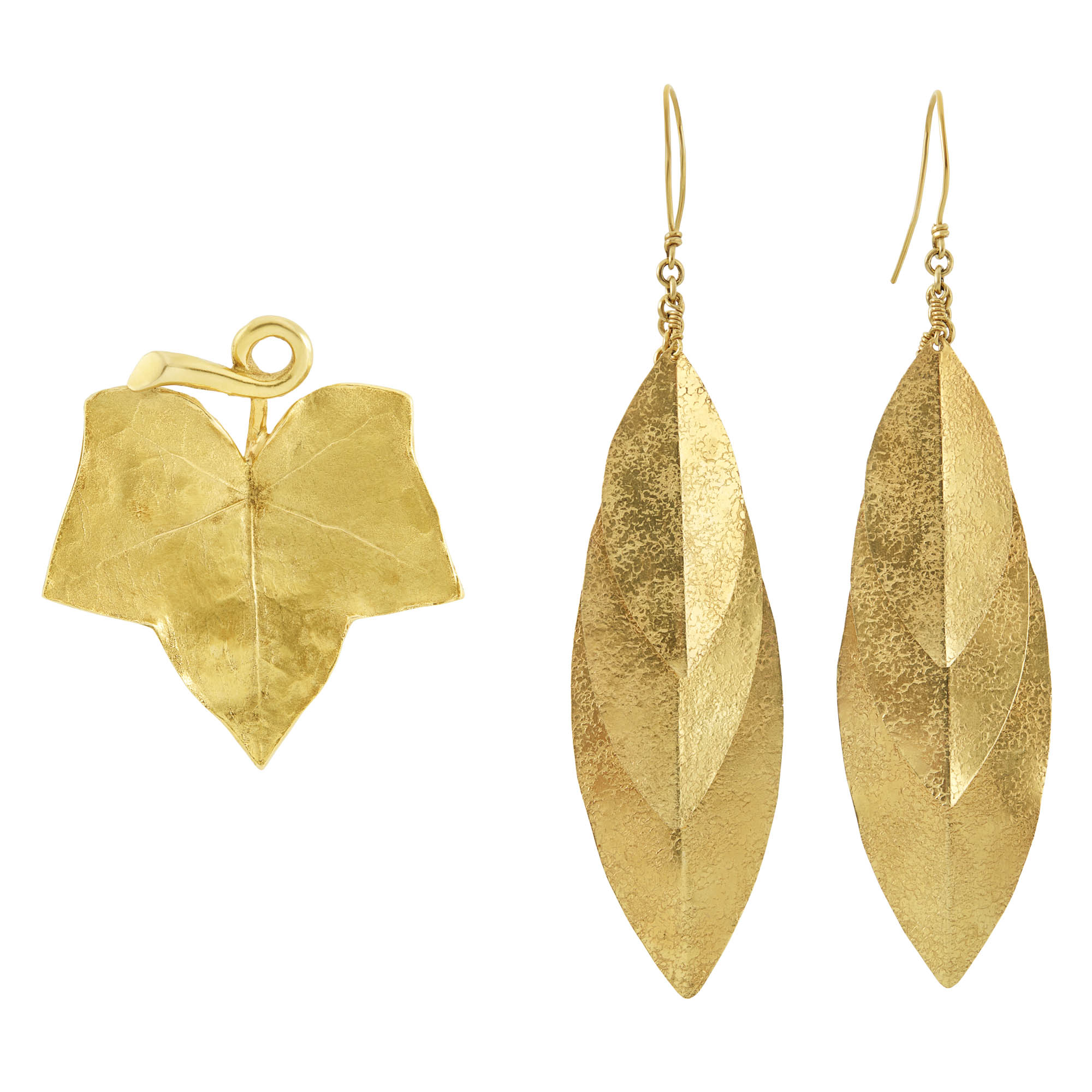 Lot image - Pair of Gold Leaf Earrings and Brooch