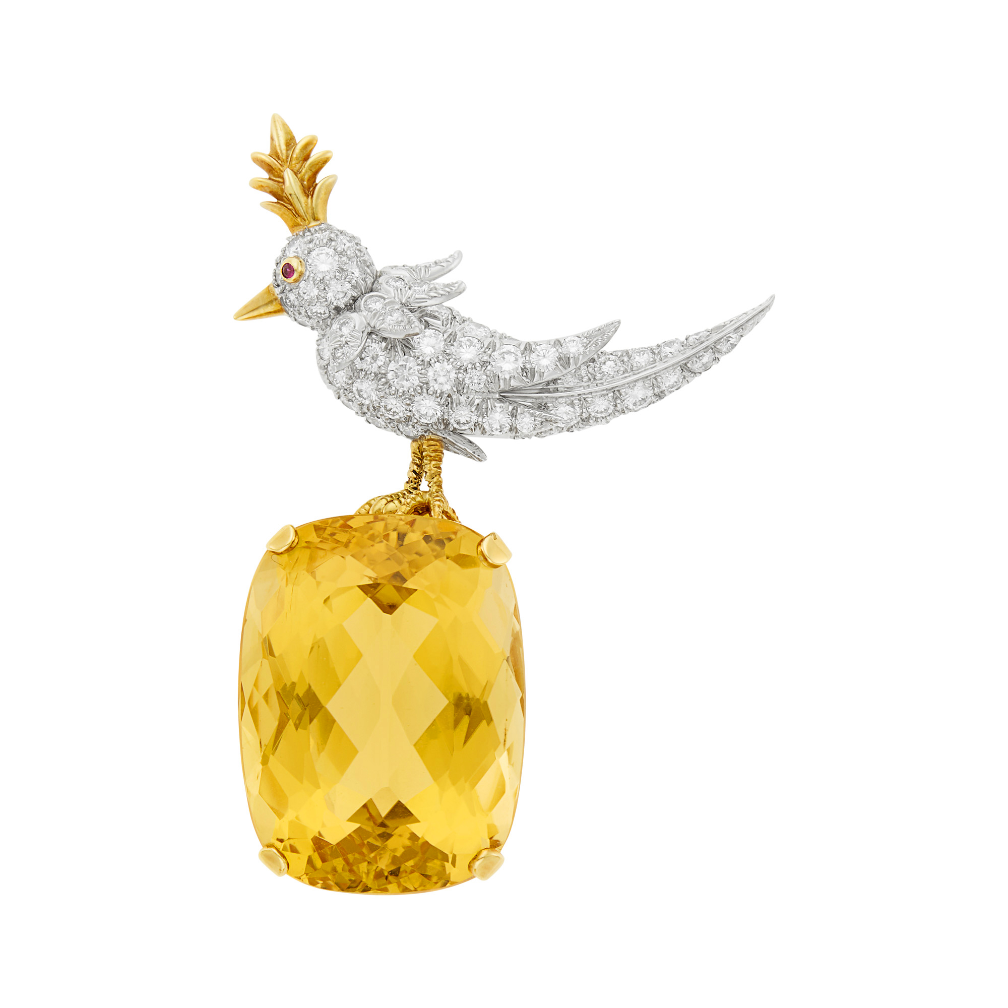 Lot image - Tiffany & Co., Schlumberger Platinum, Gold, Diamond and Citrine Bird on a Rock Brooch
