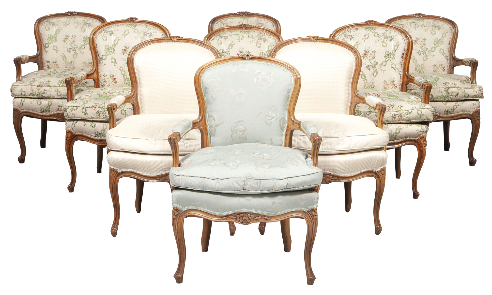 Lot image - Assembled Set of Nine Louis XV Style Fauteuils