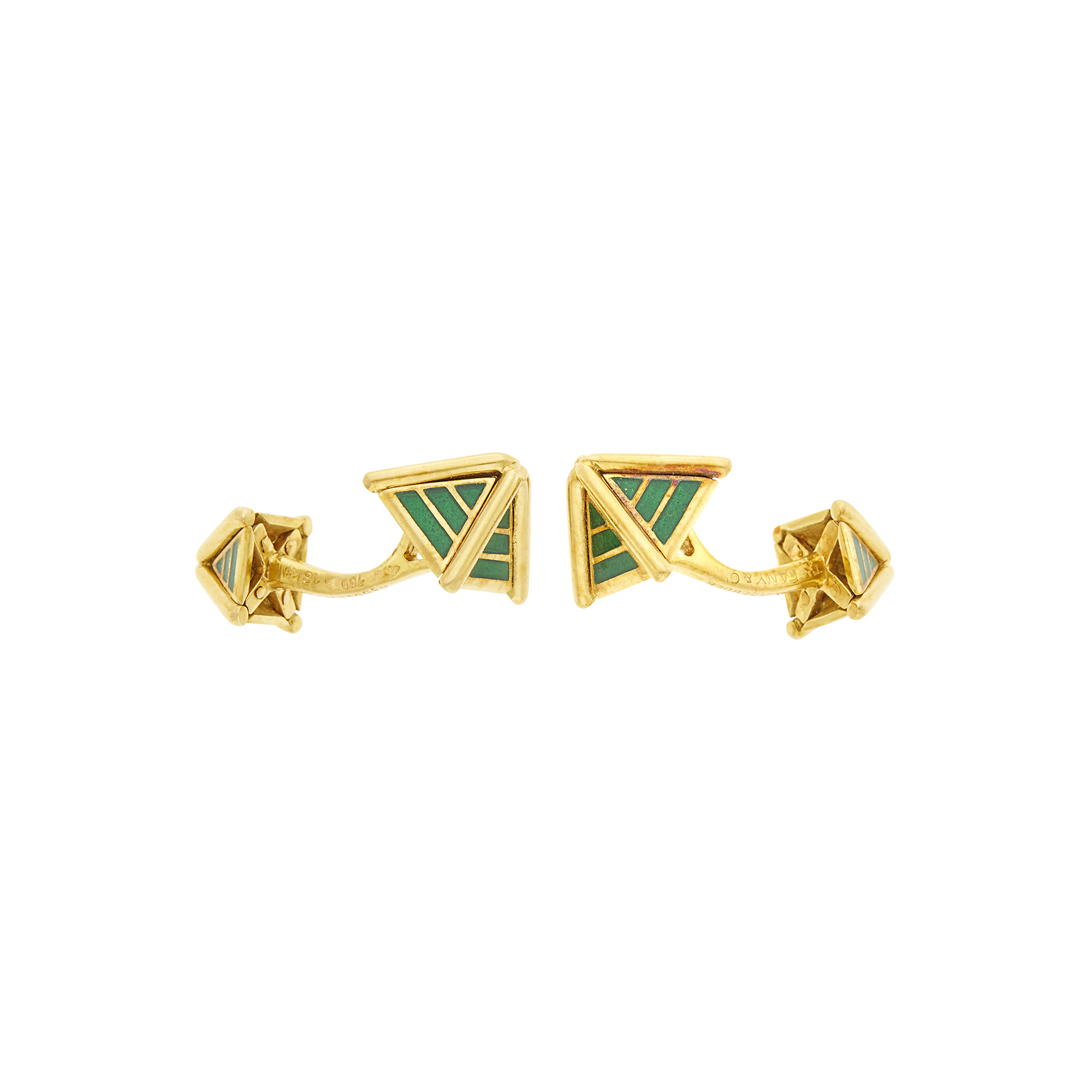 Lot image - Tiffany & Co., Schlumberger Gold and Green Enamel Pyramid Cufflinks, France