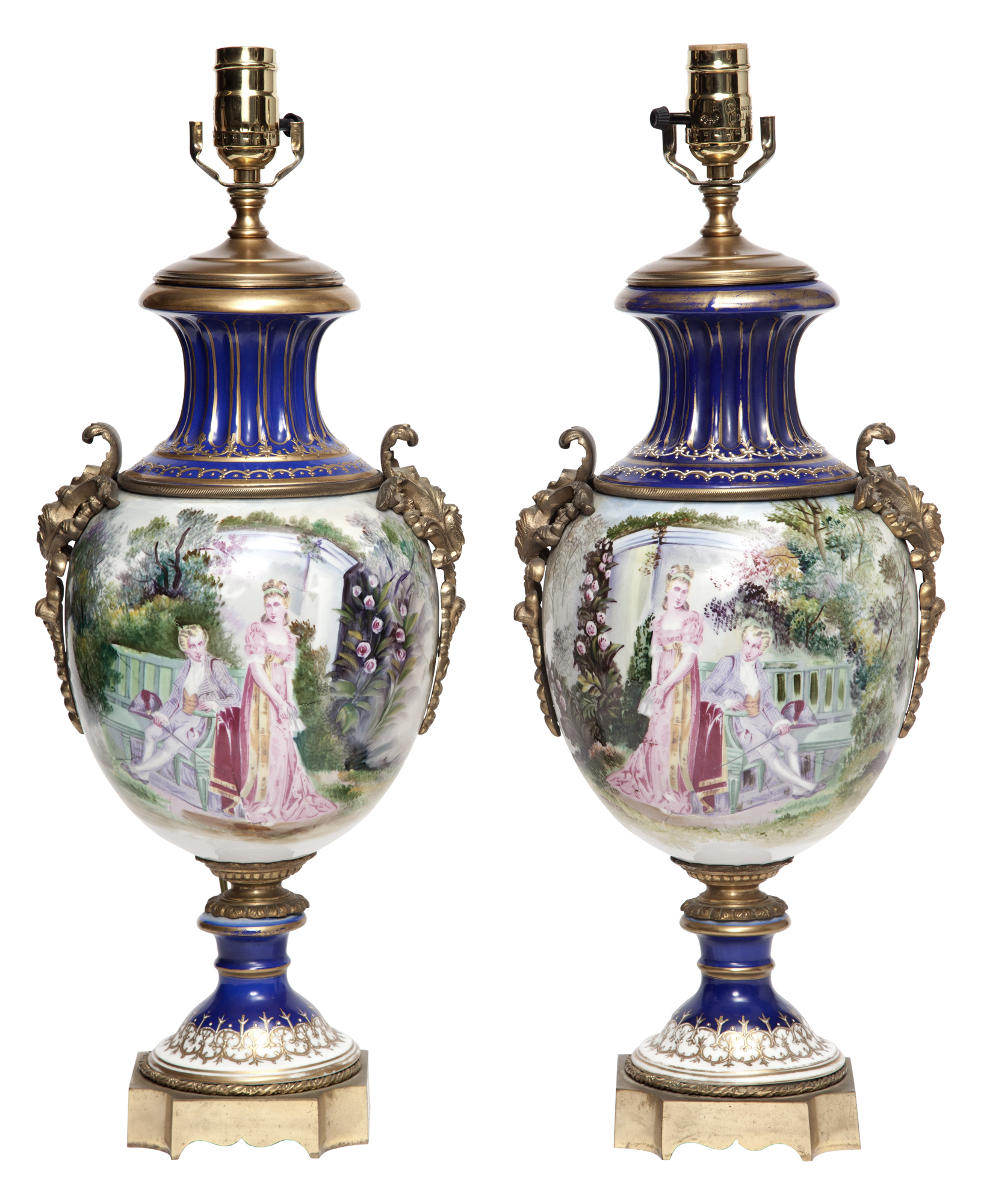 Lot image - Pair of Sevres Style Gilt-Metal Mounted Porcelain Lamps