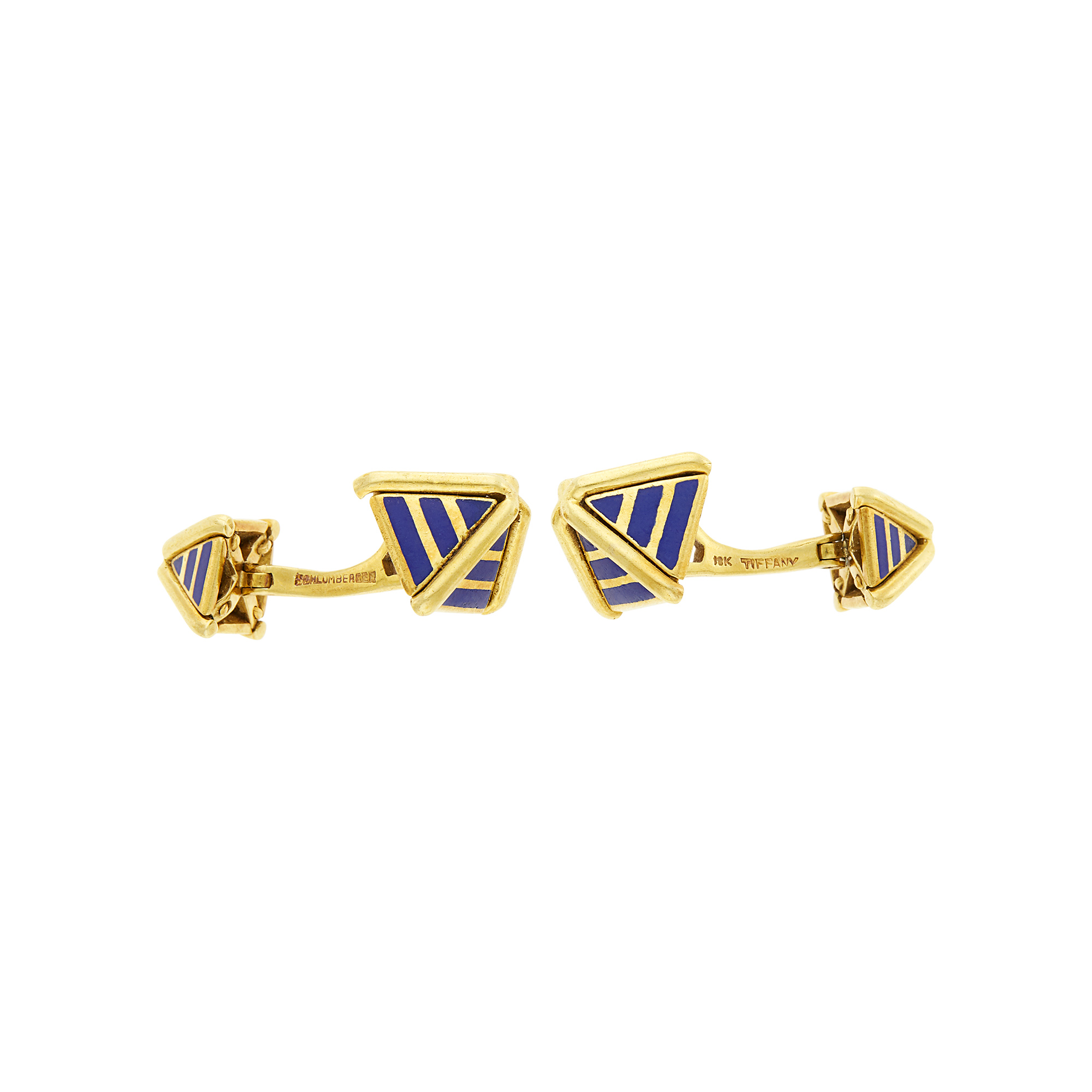 Lot image - Tiffany & Co., Schlumberger Pair of Gold and Blue Enamel Pyramid Cufflinks