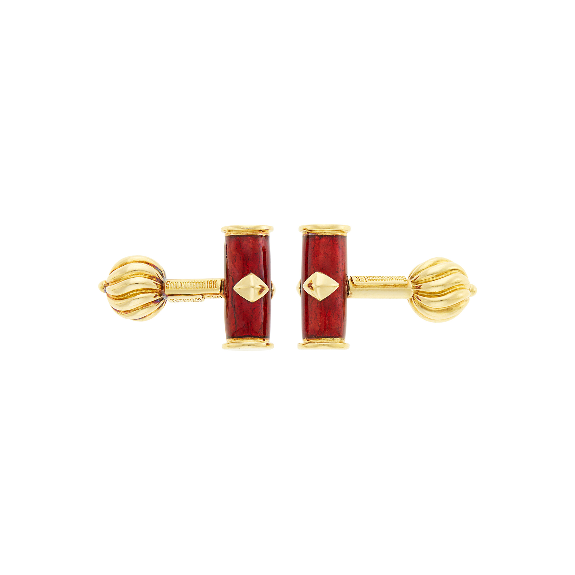 Lot image - Tiffany & Co., Schlumberger Pair of Gold and Red Enamel Cylinder Cufflinks
