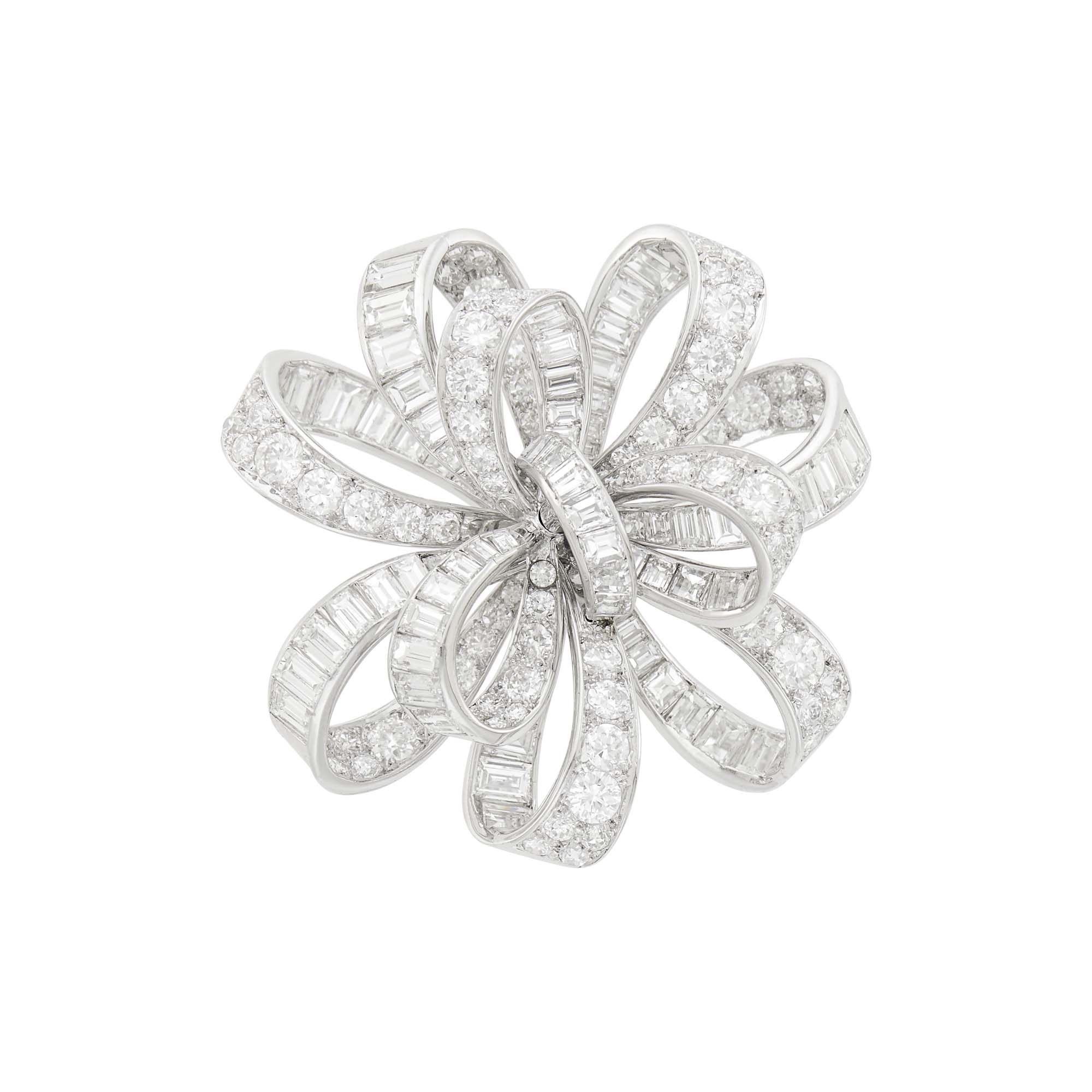 Lot image - Platinum and Diamond Bow Clip-Brooch, France