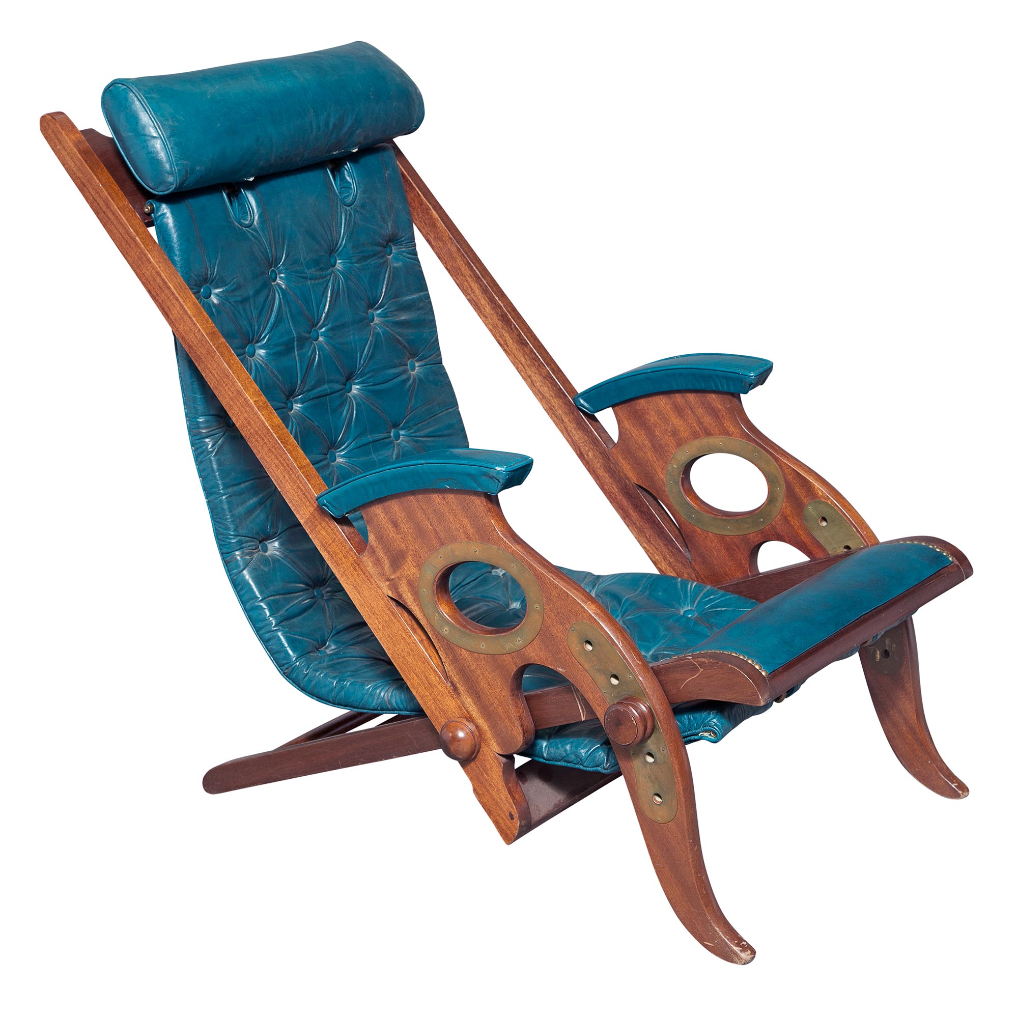 Lot image - Jean-Pierre Hagnauer Leather Upholstered Mahogany Adjustable Campaign-Style Deck Chair