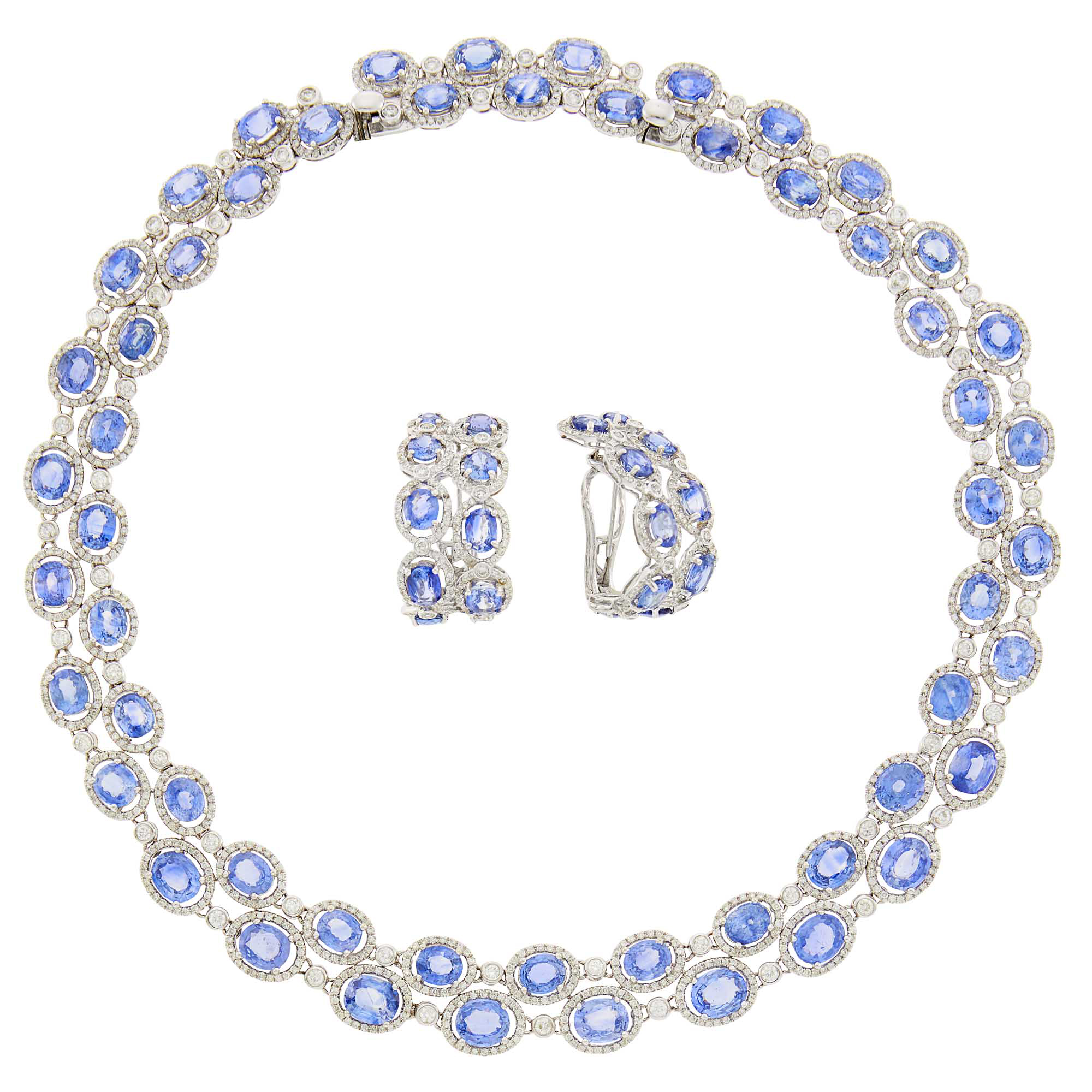 Lot image - White Gold, Sapphire and Diamond Necklace and Pair of Hoop Earclips