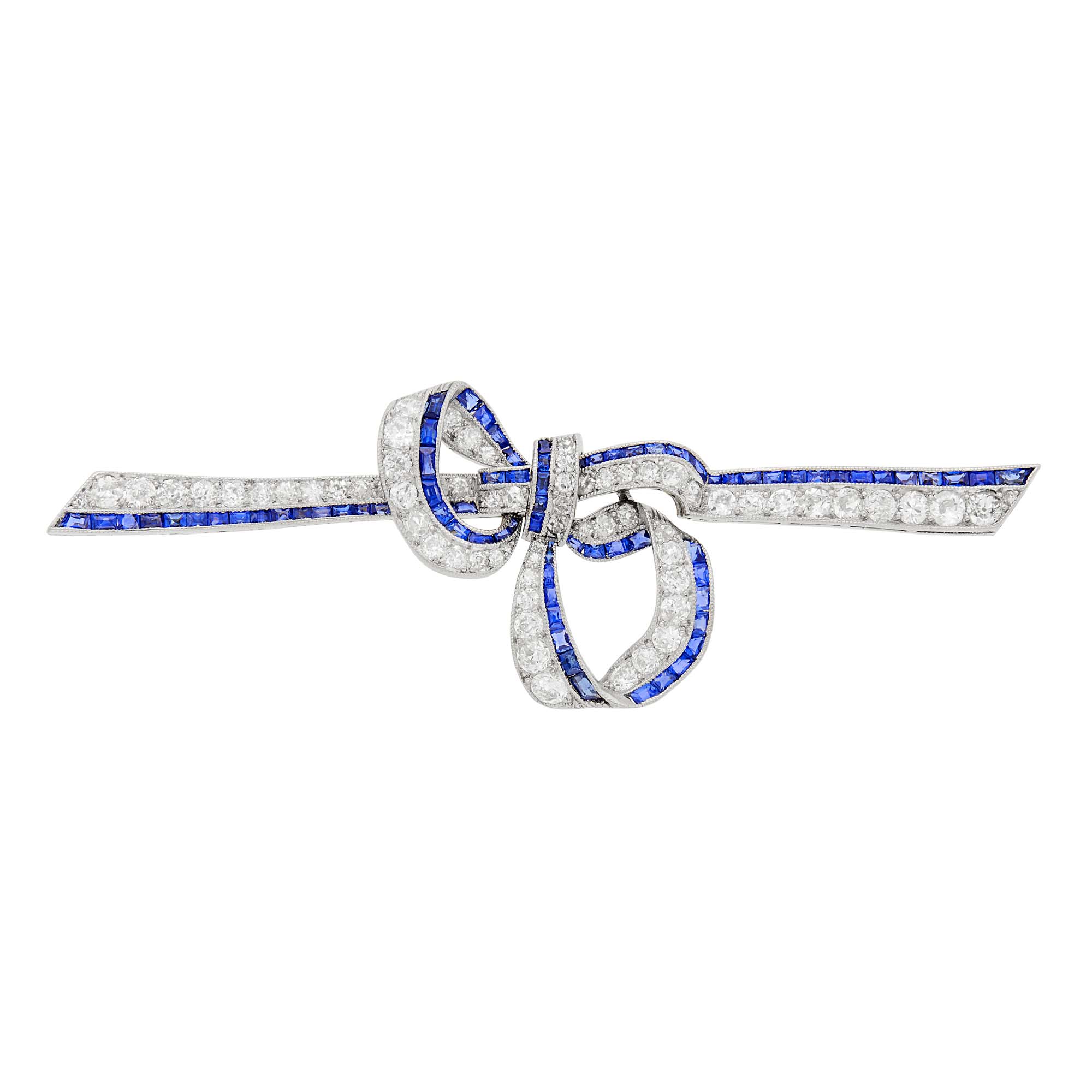 Lot image - Platinum, Diamond and Sapphire Bow Bar Pin