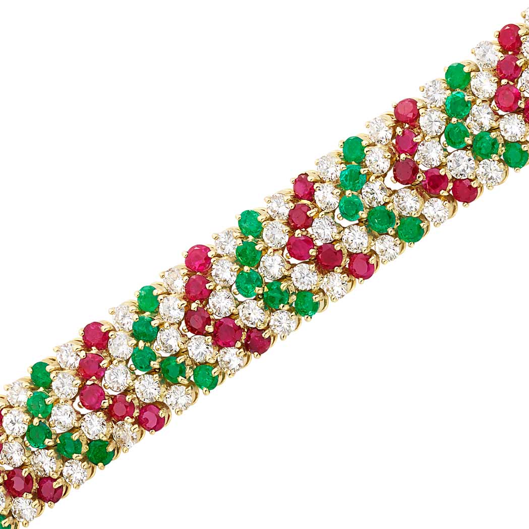 Lot image - Gold, Diamond, Ruby and Emerald Bracelet, Van Cleef & Arpels
