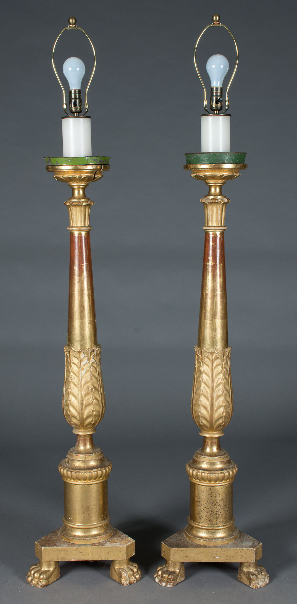 Lot image - Pair of Italian Neoclassical Style Giltwood Standing Lamps