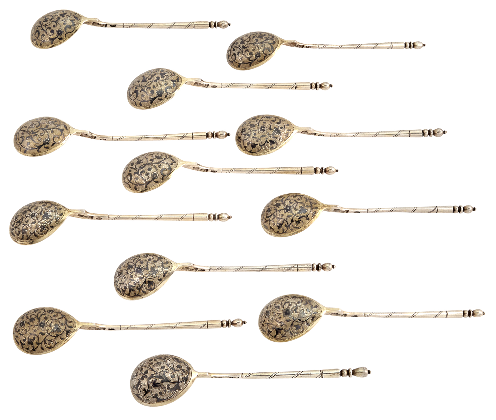 Lot image - Set of Twelve Russian Silver-Gilt and Niello Teaspoons