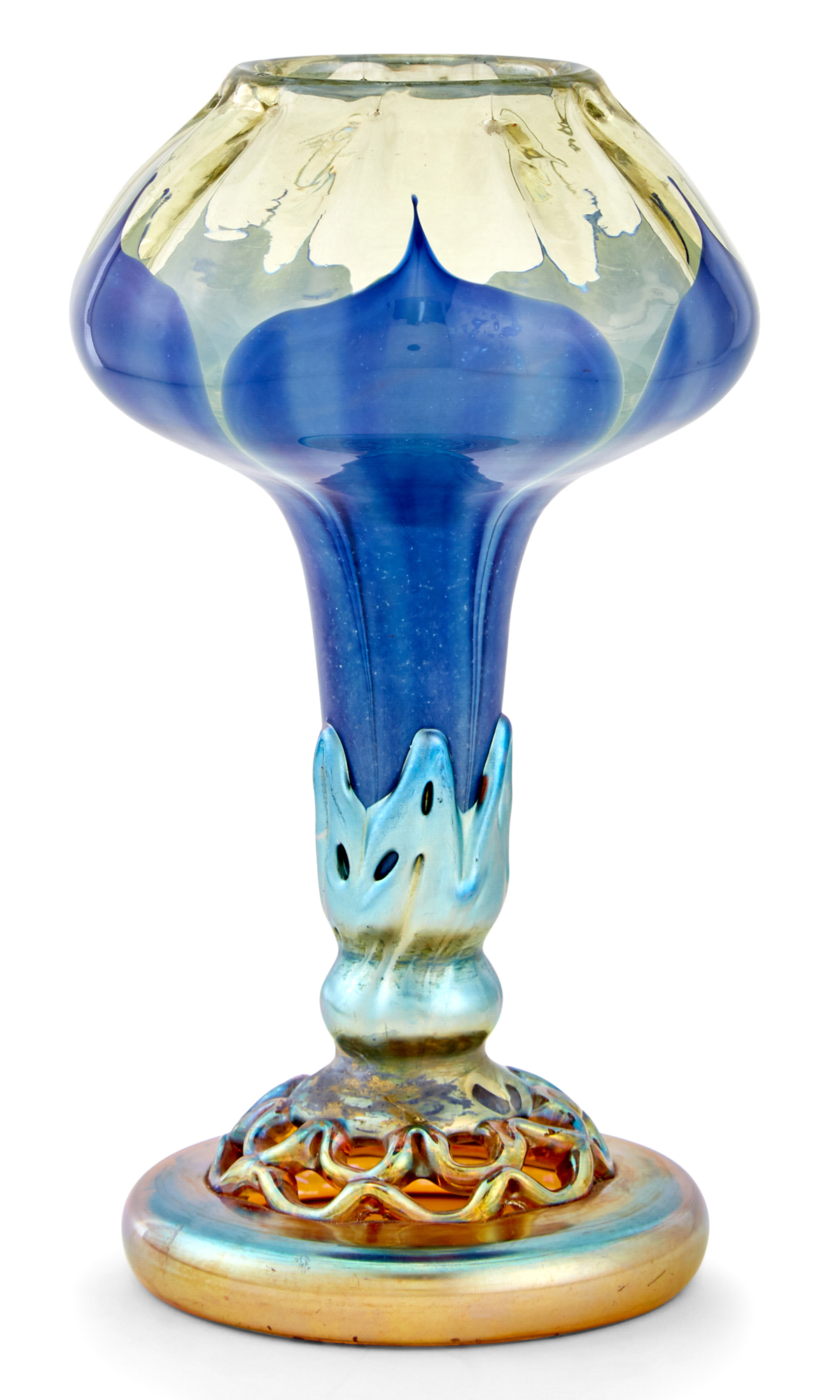 Lot image - Tiffany Favrile Optic Ribbed Paperweight and Diatreta Glass Lamp Base