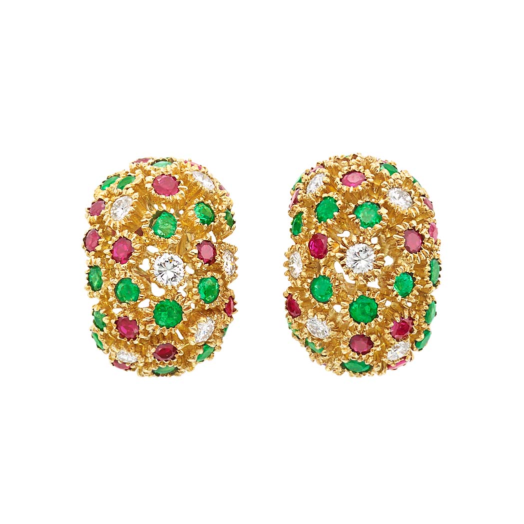 Lot image - Pair of Gold, Diamond, Ruby and Emerald Bombe Earrings, Van Cleef & Arpels, France
