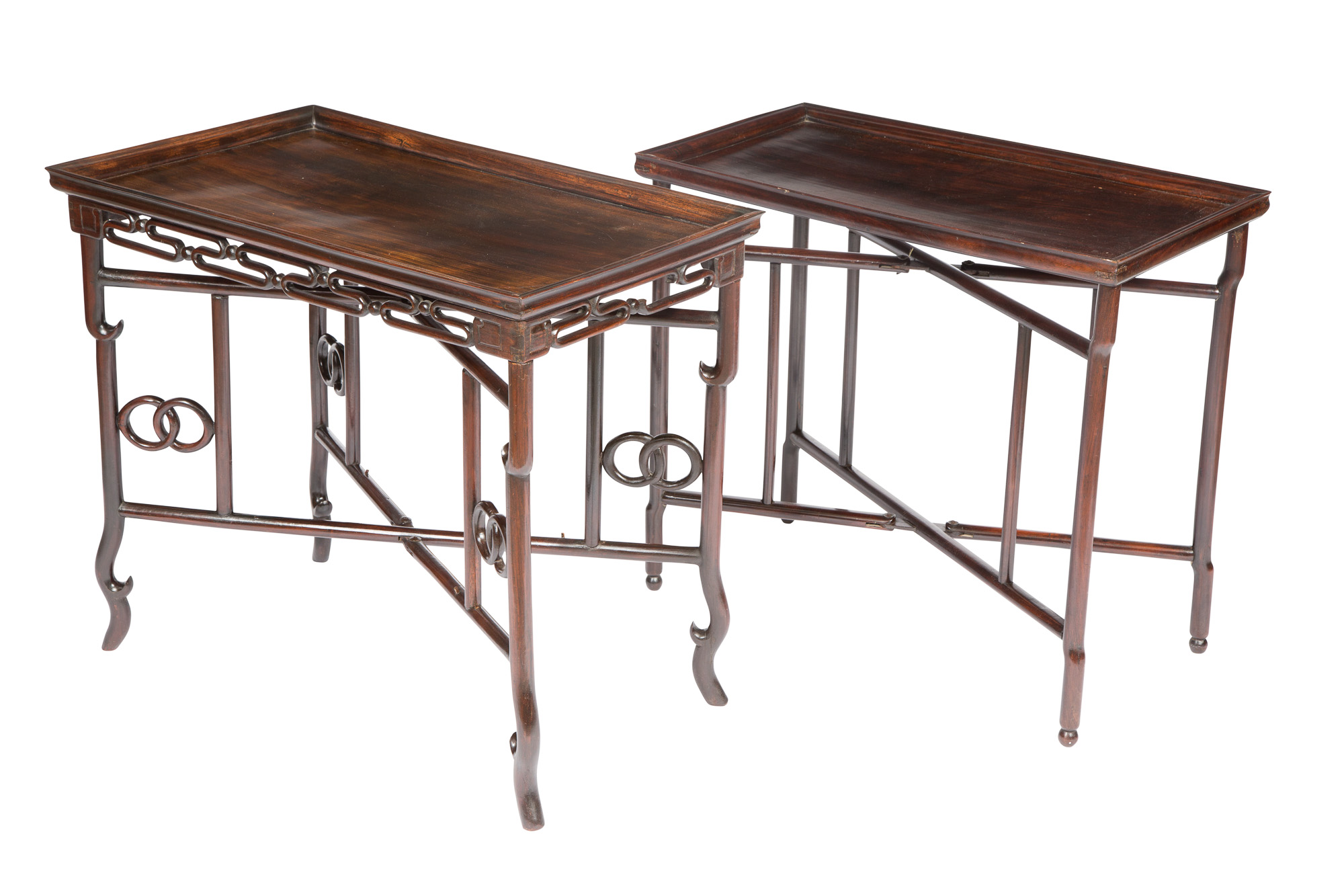Lot image - Two Chinese Hardwood Side Tables on X-form Stands