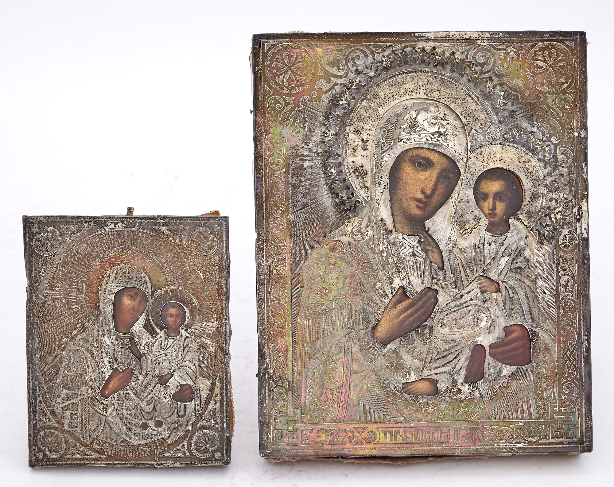 Lot image - Two Russian Silver Icons of the Mothers of God of Tikhvin and Smolensk