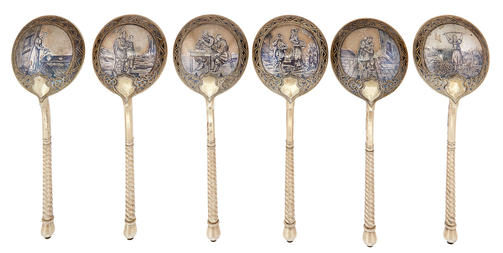 Lot image - Set of Six Russian Silver-Gilt and Niello Spoons