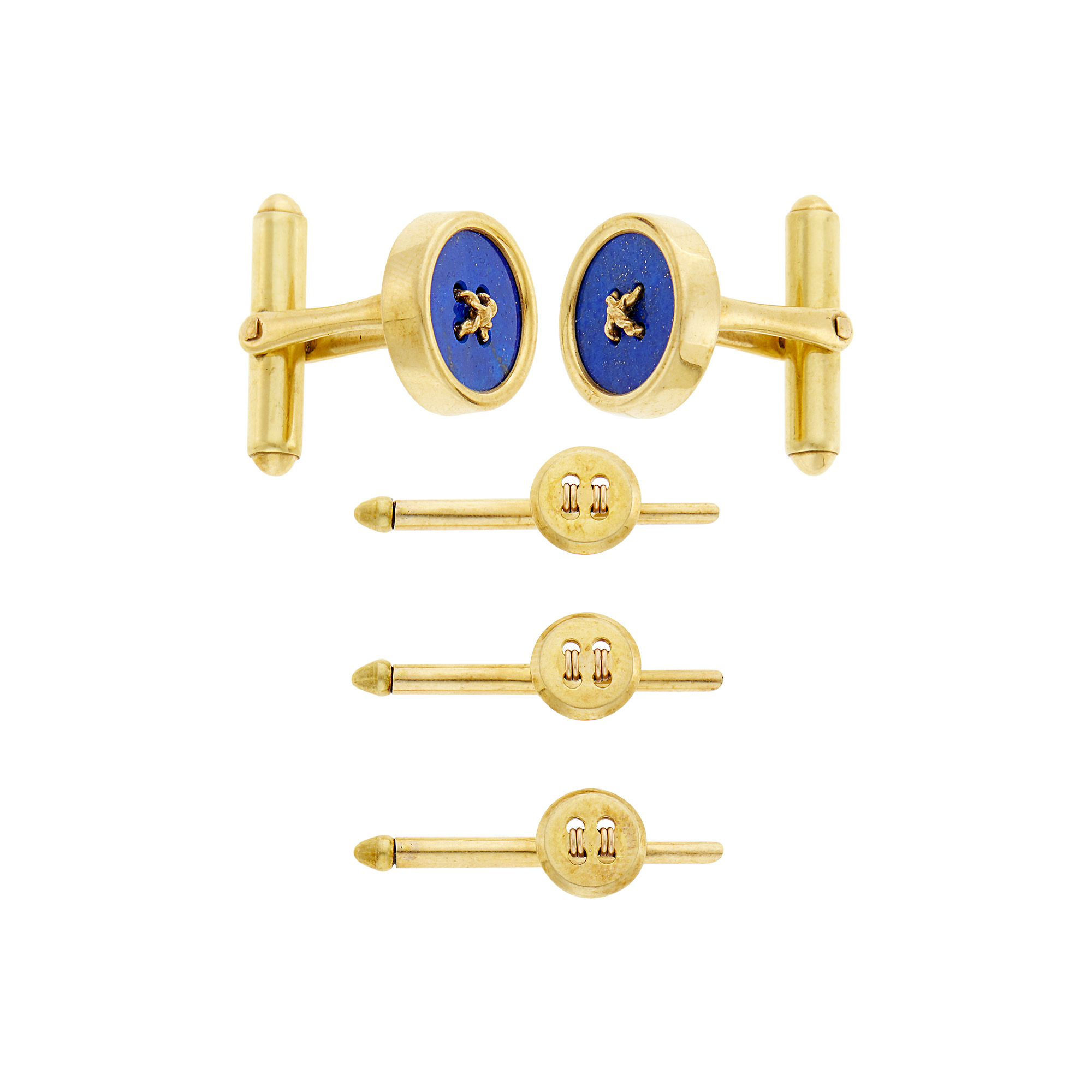 Lot image - Cartier Pair of Gold and Lapis Button Cufflinks and Three Tiffany & Co. Gold Studs