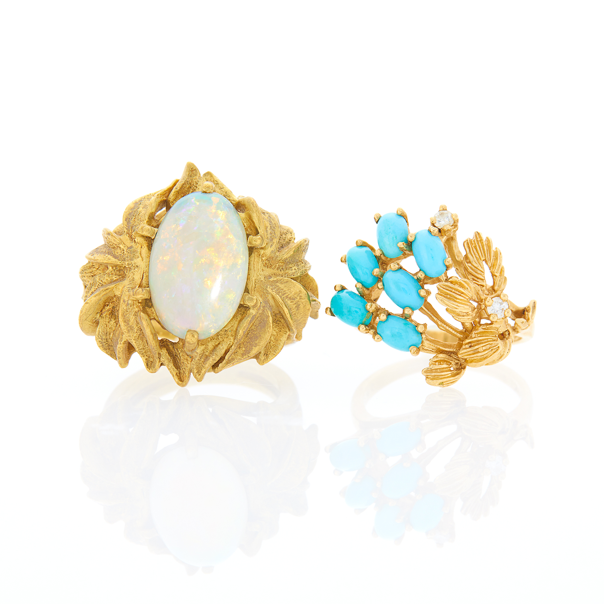 Lot image - Gold and White Opal Ring and Turquoise and Diamond Ring