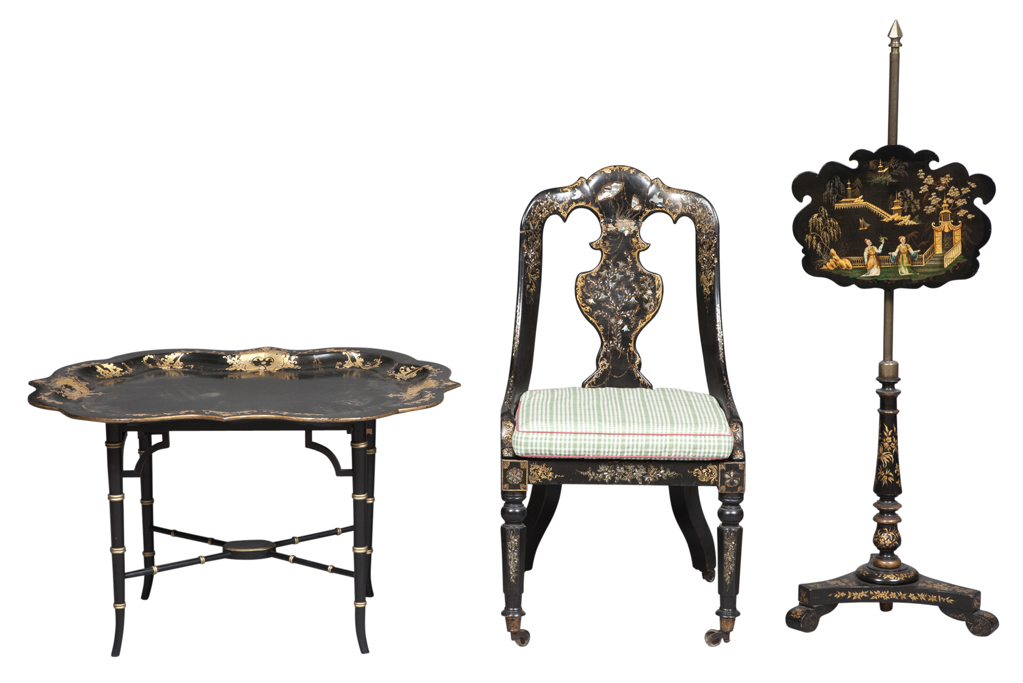 Lot image - Early Victorian Mother-of-Pearl-Inlaid and Gilt-Decorated Papier-Mâché Caned Side Chair; Together with a Regency Polychrome- and Gilt-Decorated Papier-Mâché Pole Stand and a Victorian Black and Gilt-Decorated Papier-Mâché Tray on Stand