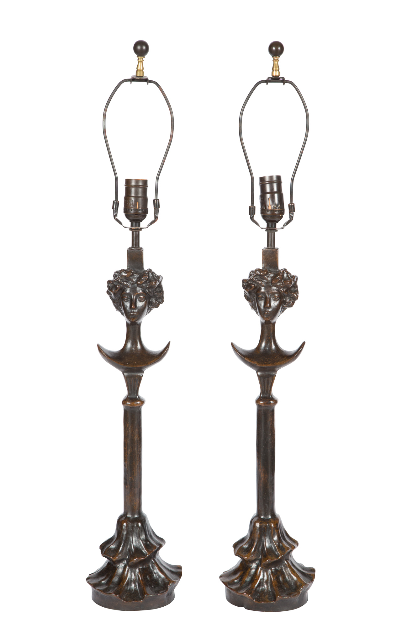 Lot image - Pair of Alberto Giacometti Style Tête de Femme Bronze Lamps