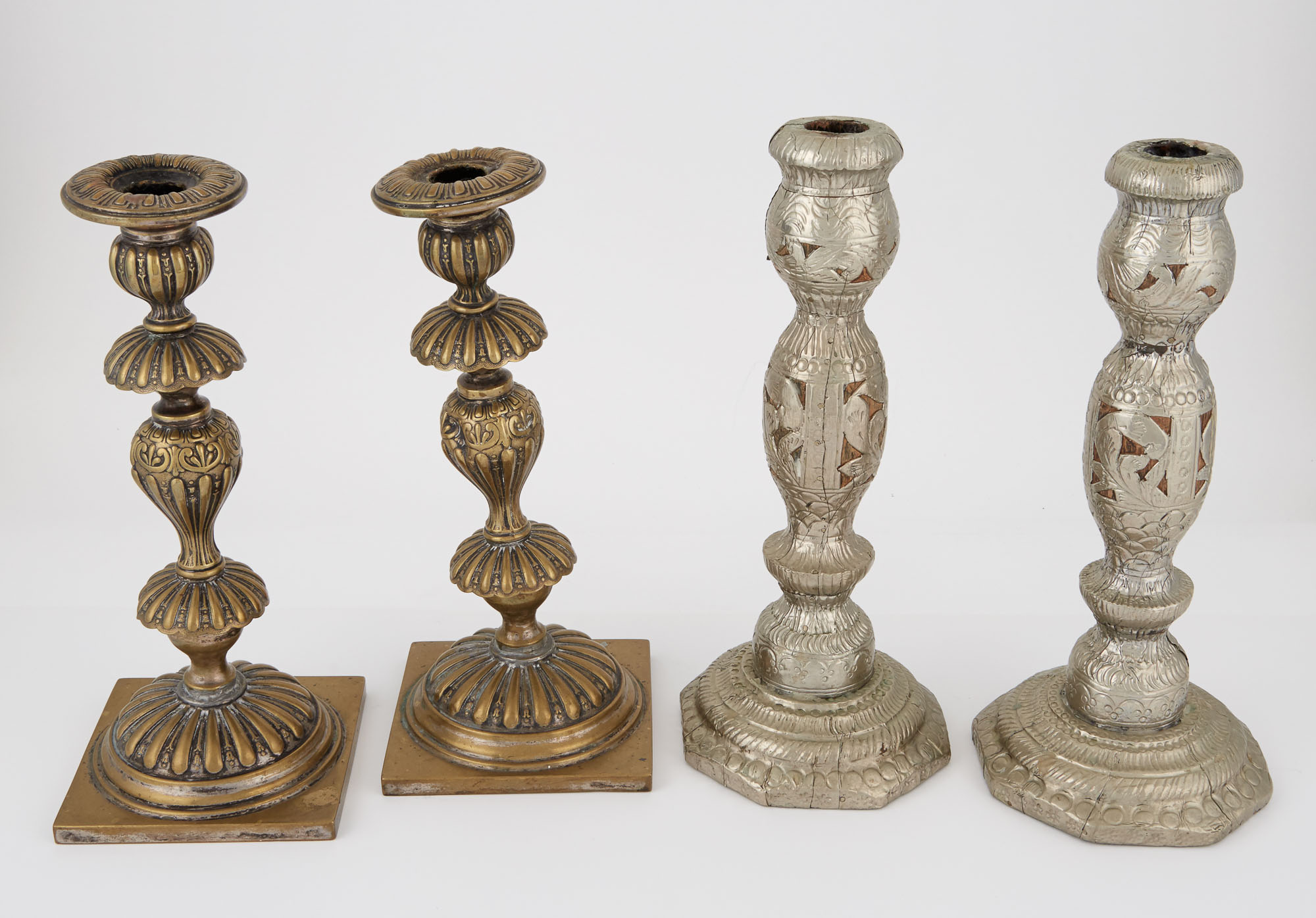 Lot image - Pair of Polish Silver-Plated Brass Hollow Candlesticks