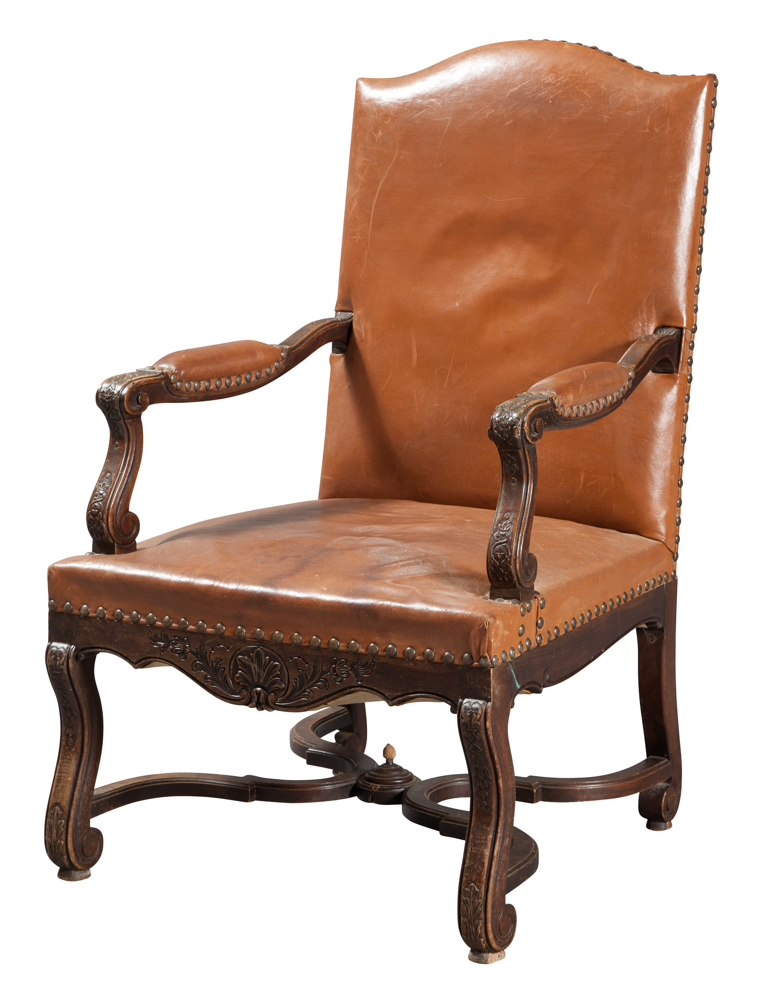 Lot image - Louis XIV Style Beechwood Leather-Upholstered Armchair